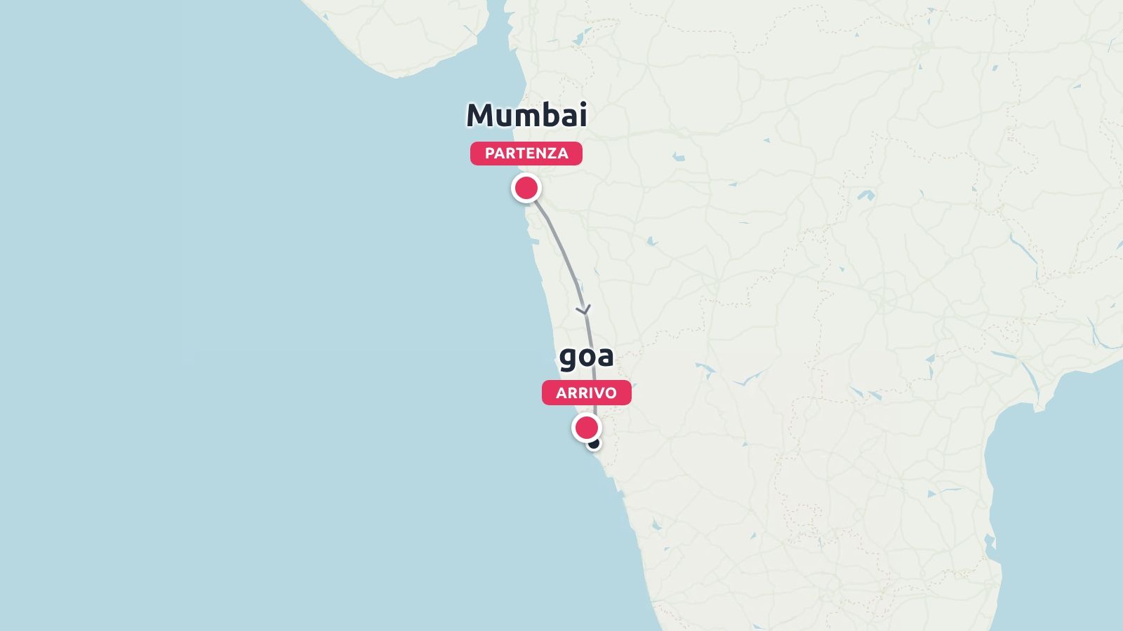 Una mappa di un itinerario di viaggio con partenza da Mumbai e arrivo a Goa lungo la costa occidentale dell'India