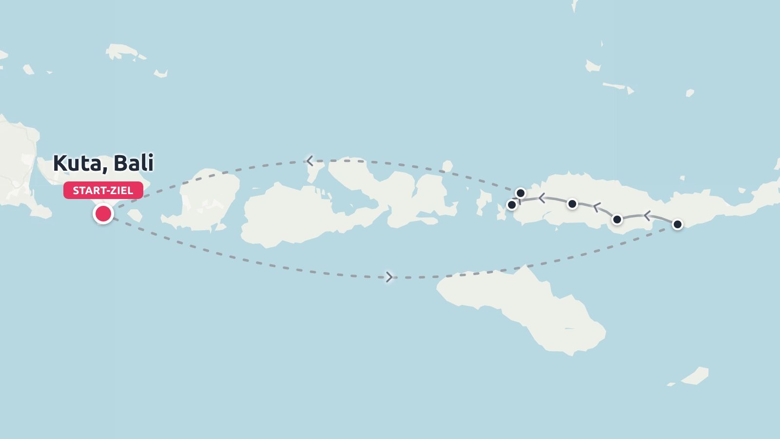 Eine Reiseroute, die in Kuta auf Bali beginnt und endet und eine Schleife durch indonesische Inseln zeigt.