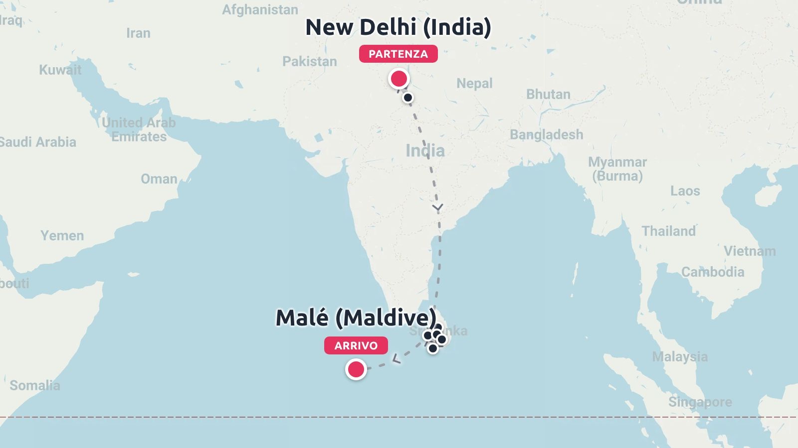 Una mappa di viaggio con una linea tratteggiata dalla partenza a Nuova Delhi, in India, all'arrivo a Malé, alle Maldive