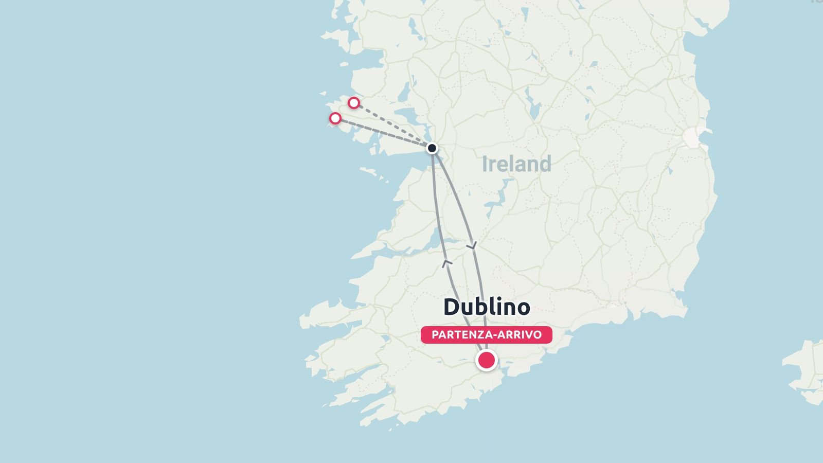 Mappa dell'itinerario di viaggio in Irlanda con partenza e arrivo a Dublino e collegamento con le destinazioni della costa occidentale