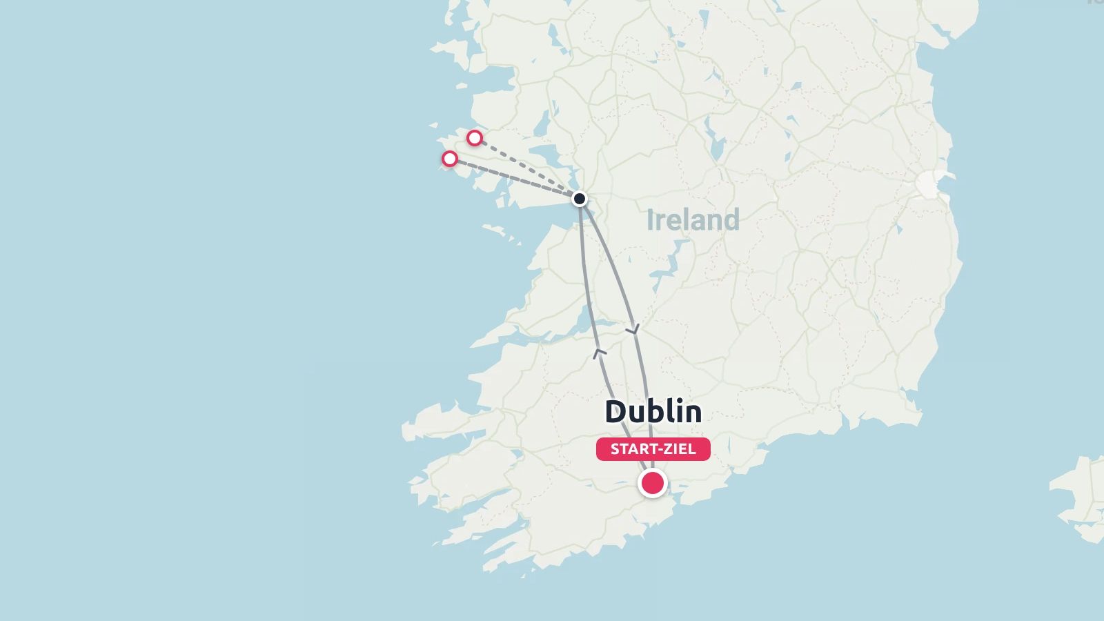 Eine Karte von Irland mit einer Reiseroute, die in Dublin beginnt und endet und Stopps an der Westküste umfasst.