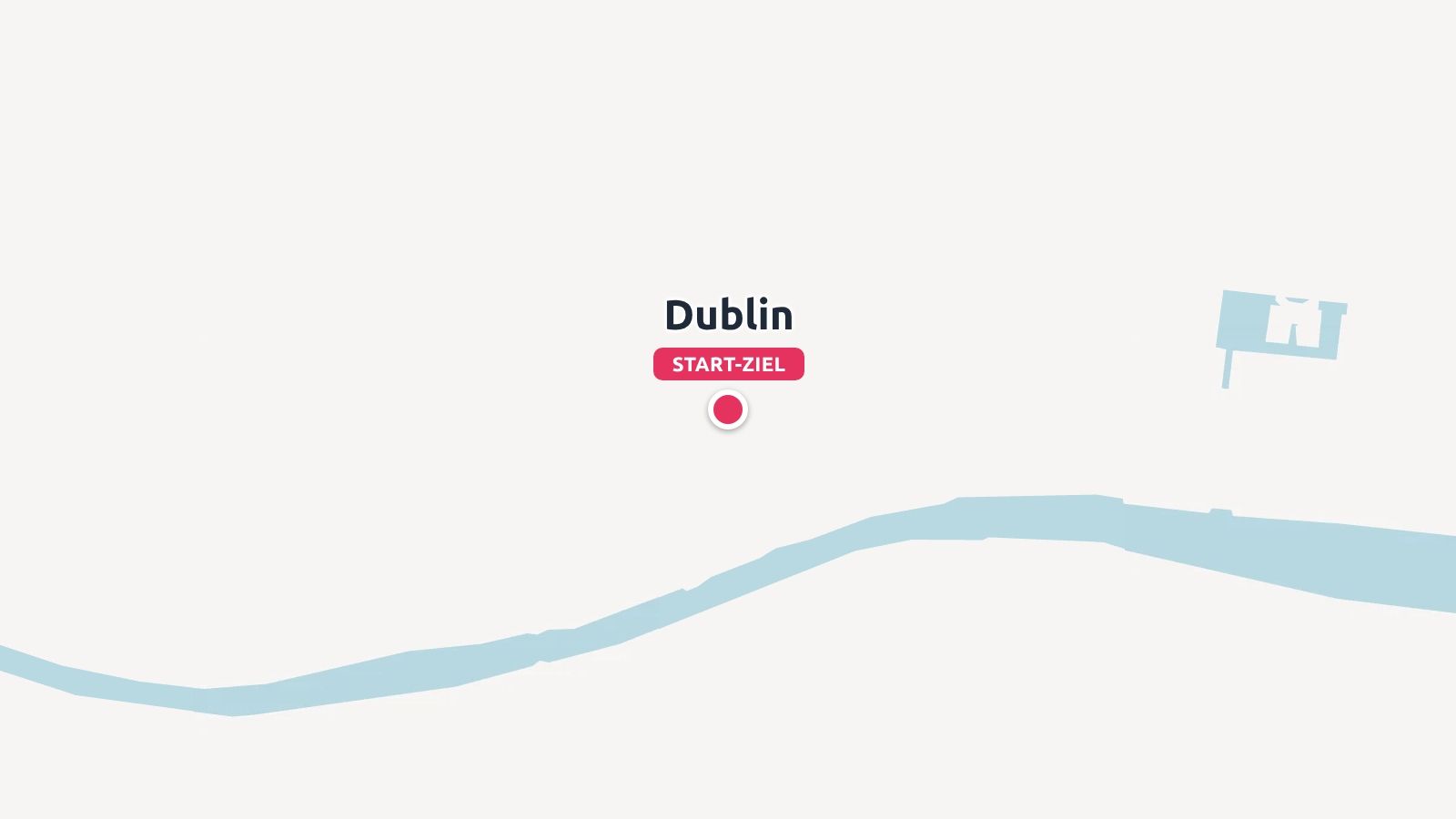 Eine minimalistische Karte, die Dublin mit einer roten Markierung mit der Aufschrift Start-Ziel über einer blauen Flusslinie zeigt.