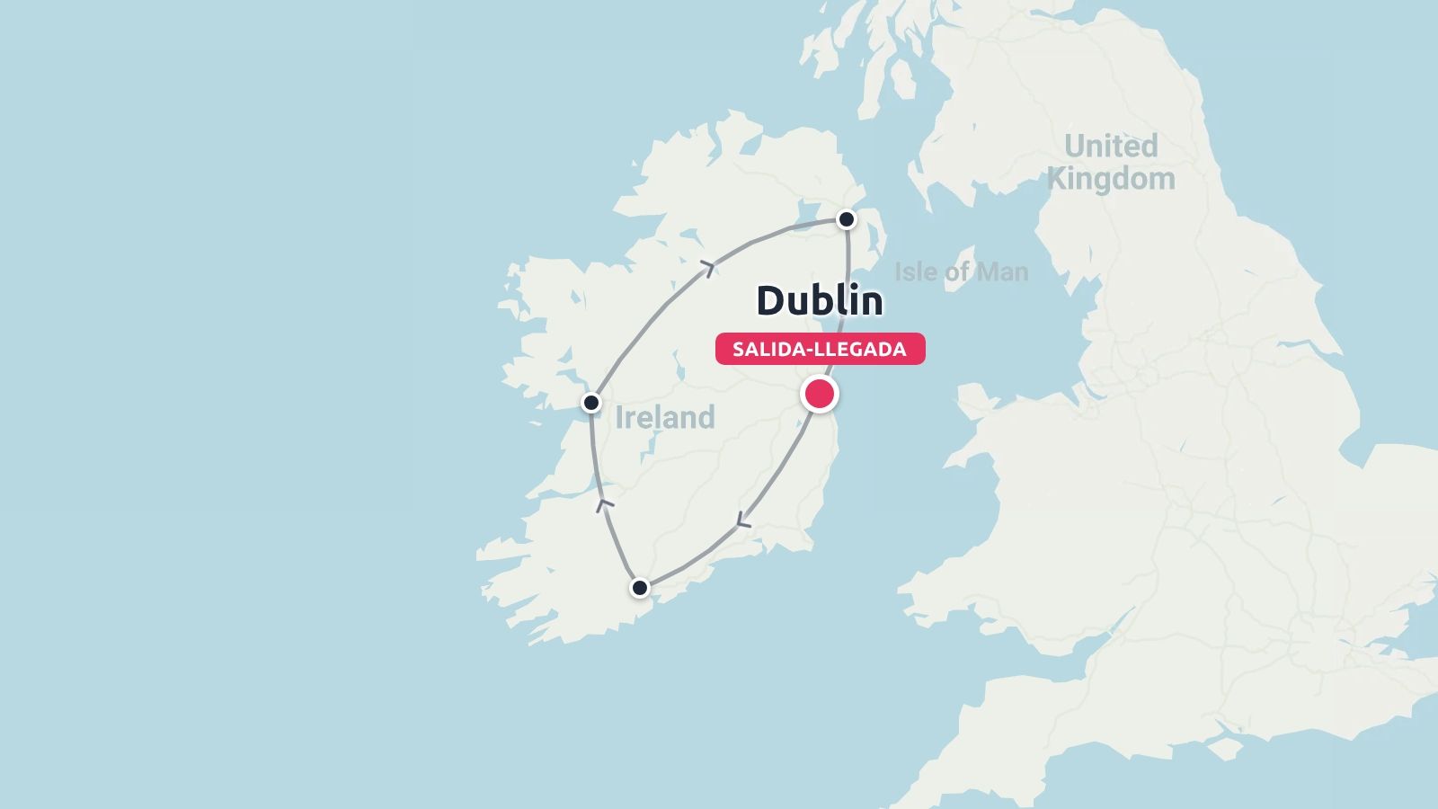 Mapa de la ruta de viaje por Irlanda que destaca un recorrido circular con inicio y fin en Dublín