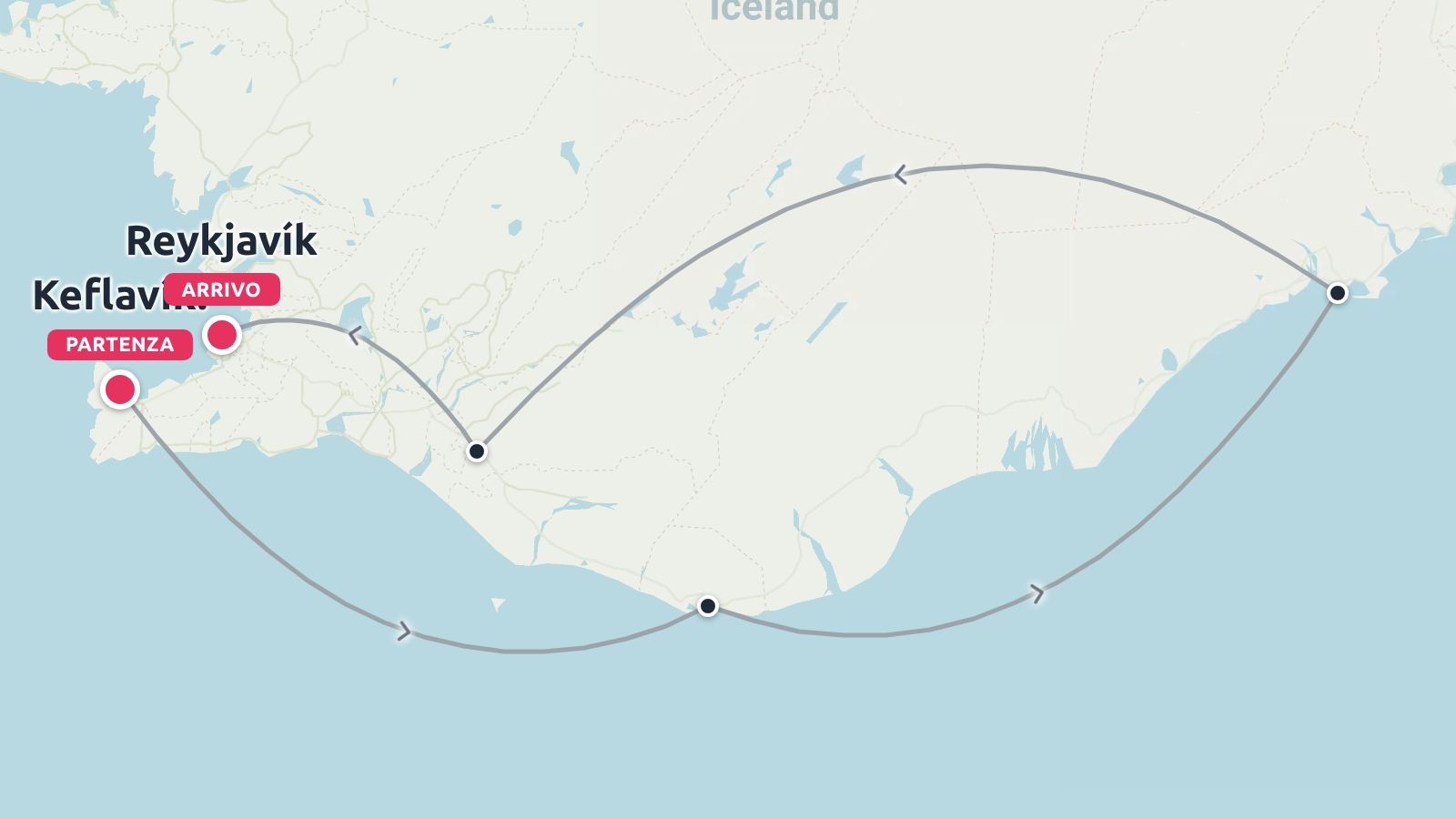 Una mappa dell'itinerario di viaggio nell'Islanda meridionale che illustra un percorso ad anello con partenza da Keflavik e arrivo a Reykjavik