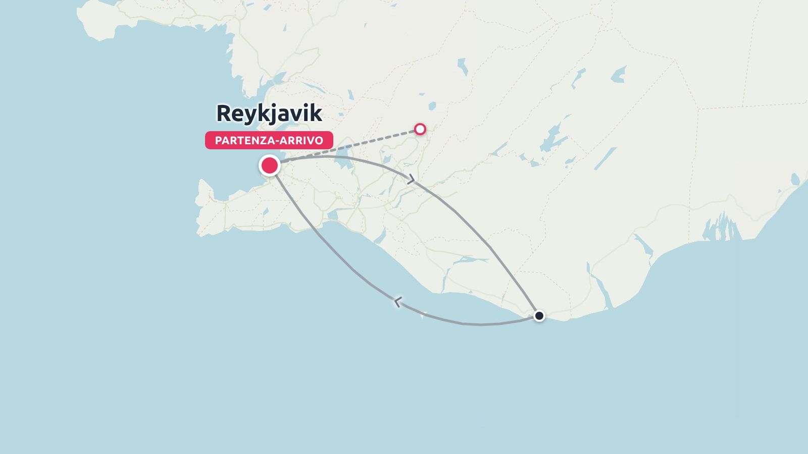Mappa dell'itinerario di viaggio che mostra un percorso ad anello con partenza e arrivo a Reykjavik