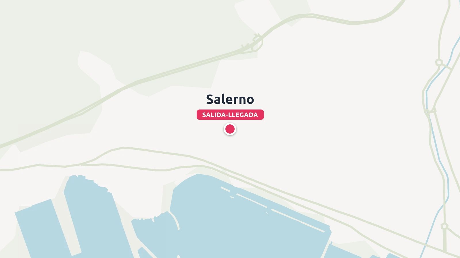 Un mapa minimalista que destaca Salerno con un pin rojo que indica el punto de salida y llegada