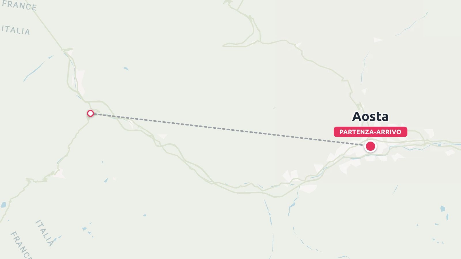 Mappa dell'itinerario di viaggio che mostra un percorso tratteggiato tra una localita di confine e Aosta vicino a Francia e Italia