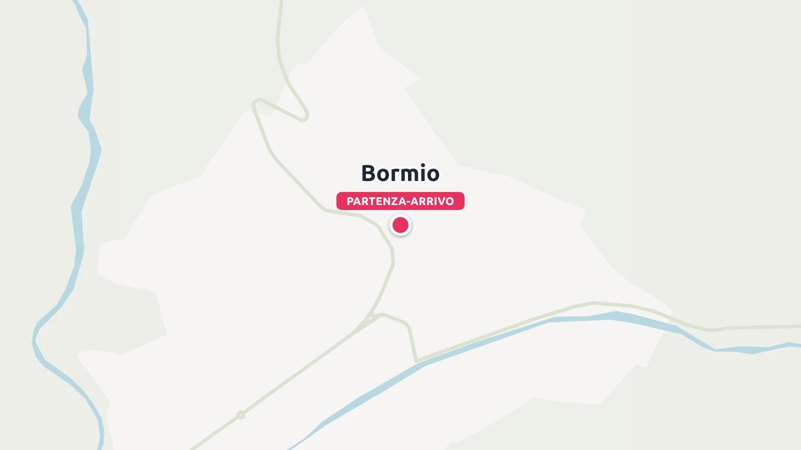 Una mappa di percorso minimalista che mostra Bormio contrassegnata da un segnaposto rosso di partenza e arrivo.
