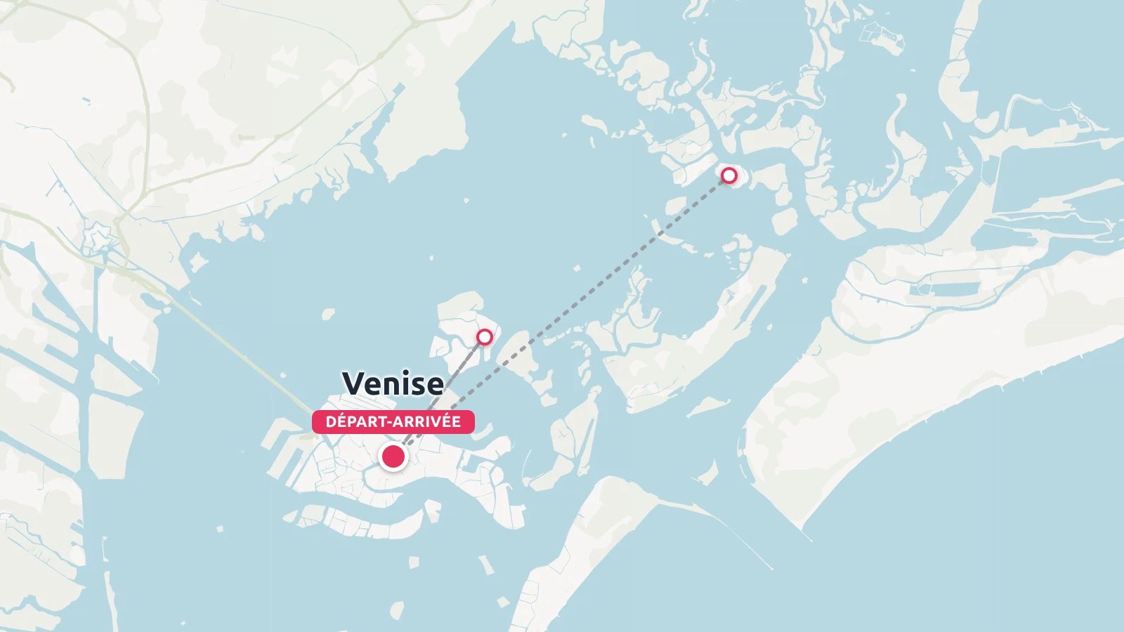 Une carte d'itinéraire de voyage de la lagune de Venise indiquant les points de départ et d'arrivée en français.