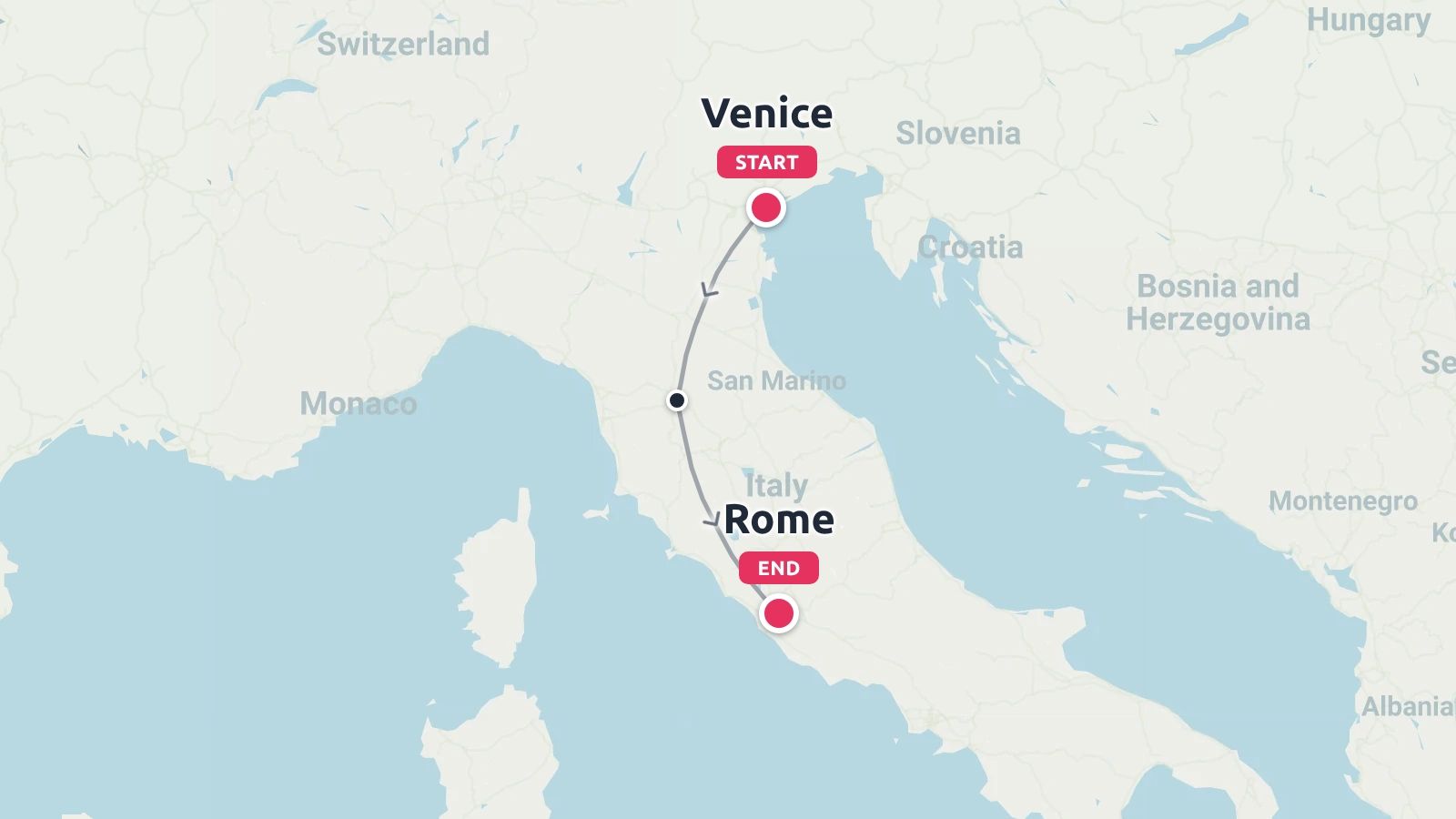 Travel route map of Italy showing a journey starting in Venice, passing San Marino, and ending in Rome.
