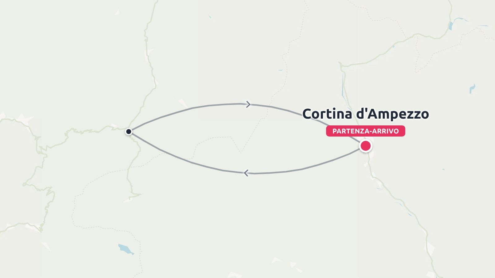 Una mappa stradale che mostra un itinerario di viaggio ad anello con partenza e arrivo a Cortina d'Ampezzo