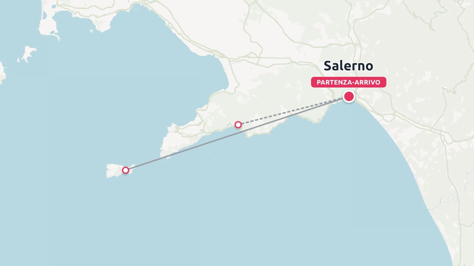 Una mappa che mostra un itinerario di viaggio con punti di partenza e arrivo contrassegnati a Salerno, estendendosi lungo la costa.
