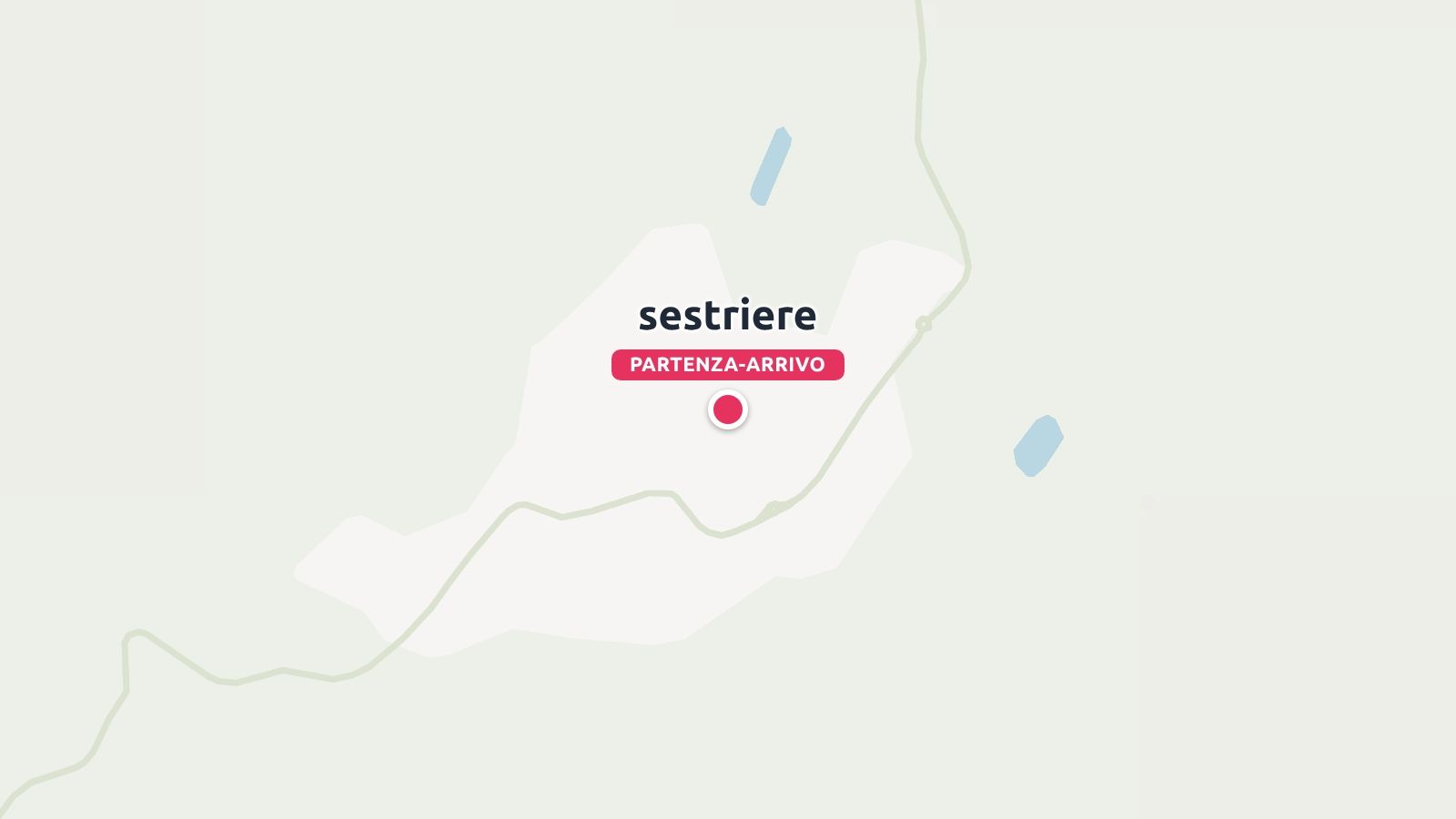 Una mappa stradale minimalista che segna Sestriere come punto di partenza e di arrivo con un pin circolare rosso.