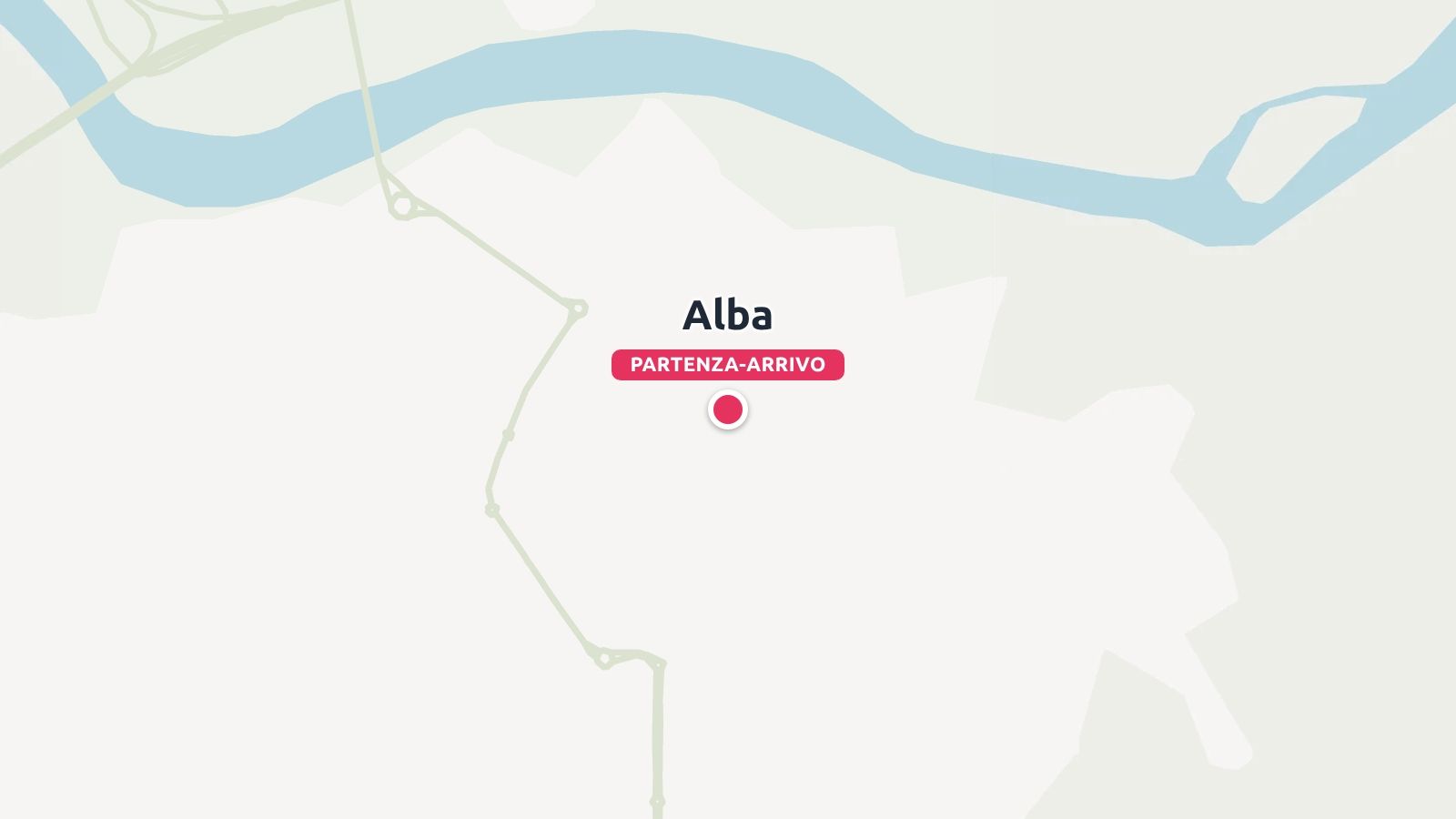 Mappa di viaggio che mostra la posizione di Alba segnata come punto di partenza e di arrivo vicino a un fiume