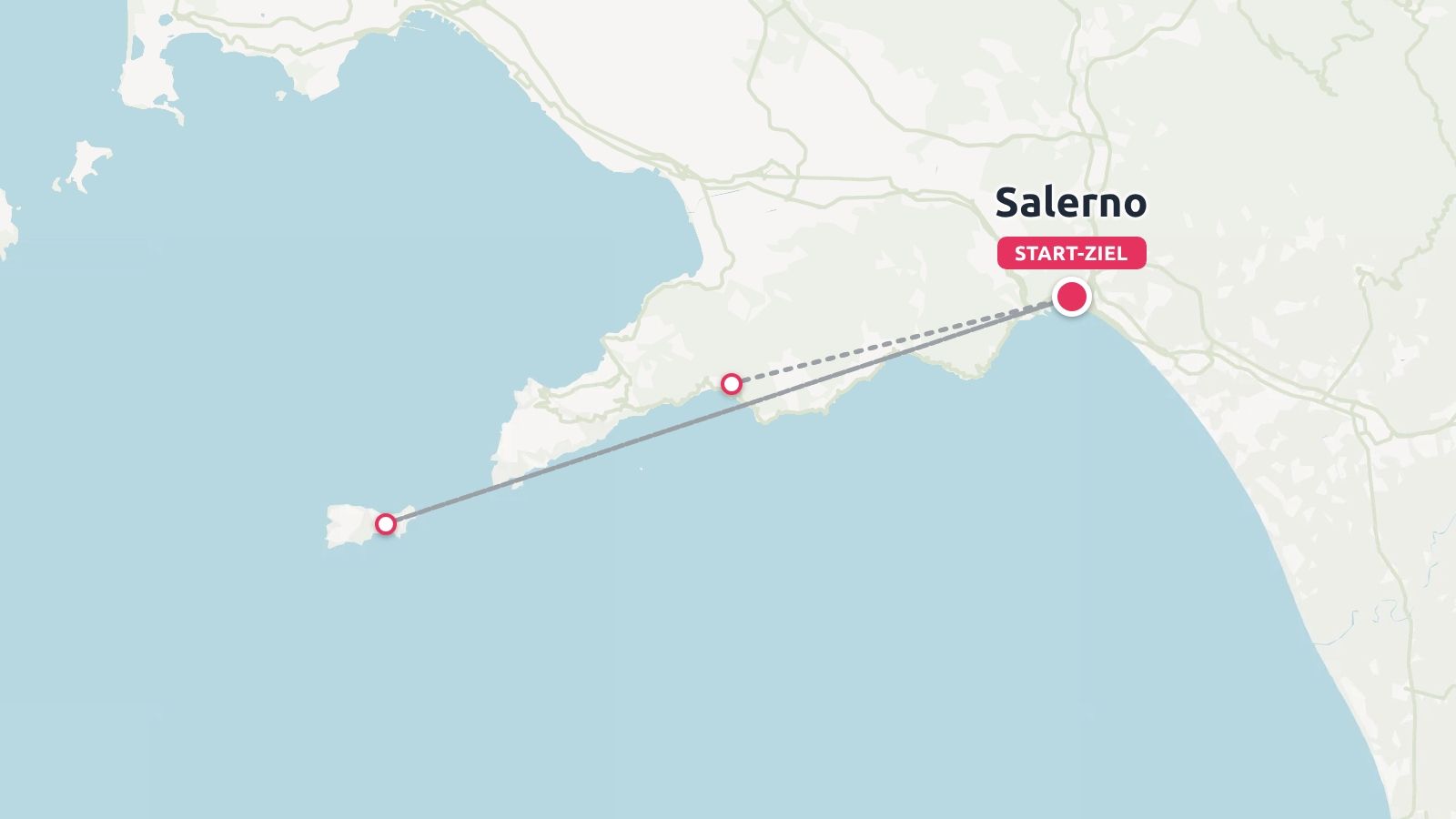 Eine Reisekarte mit einer Küsten-Seeroute, die in Salerno beginnt und endet.