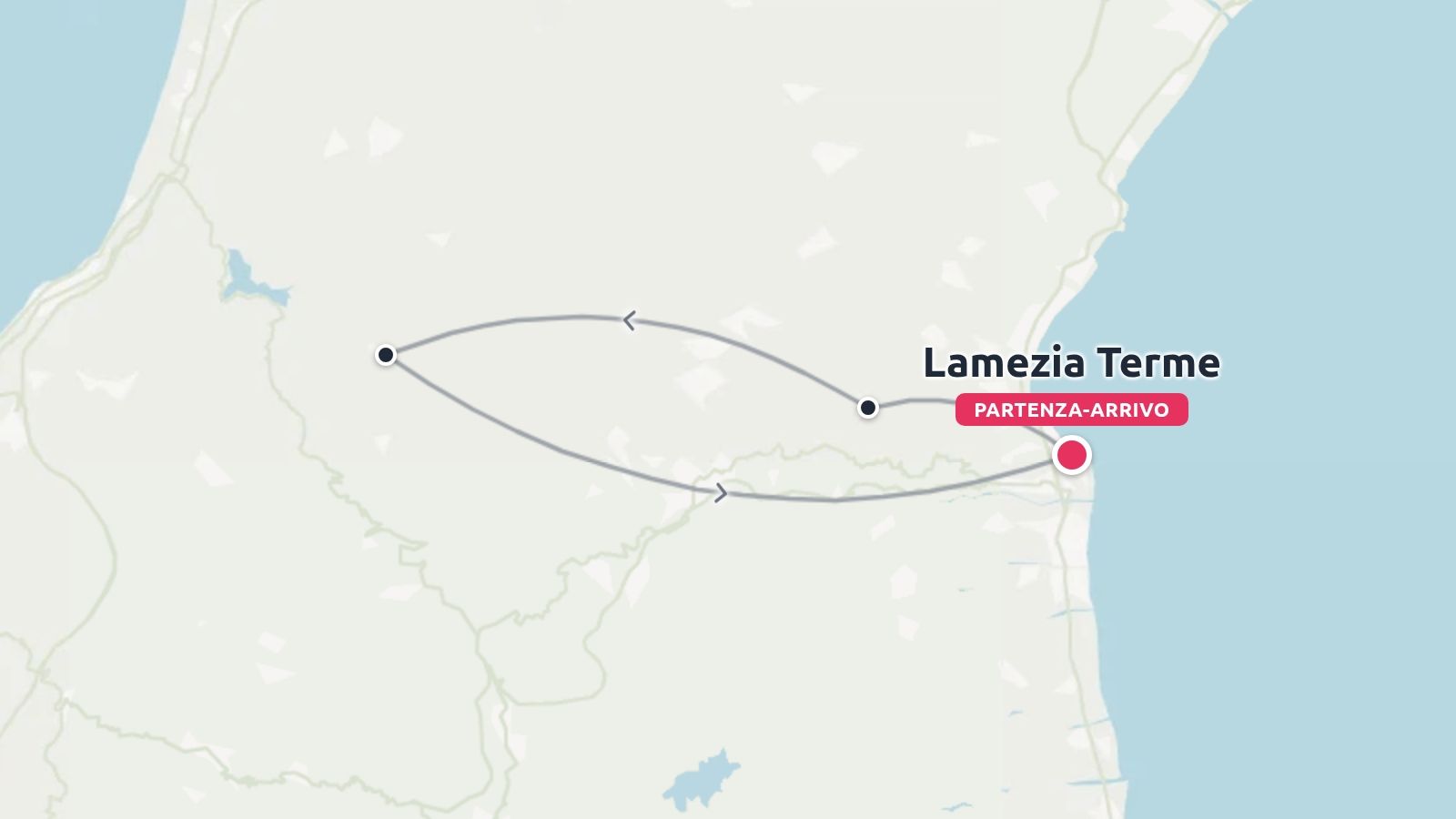 Mappa dell'itinerario di viaggio che delinea un percorso ad anello con partenza e arrivo a Lamezia Terme.
