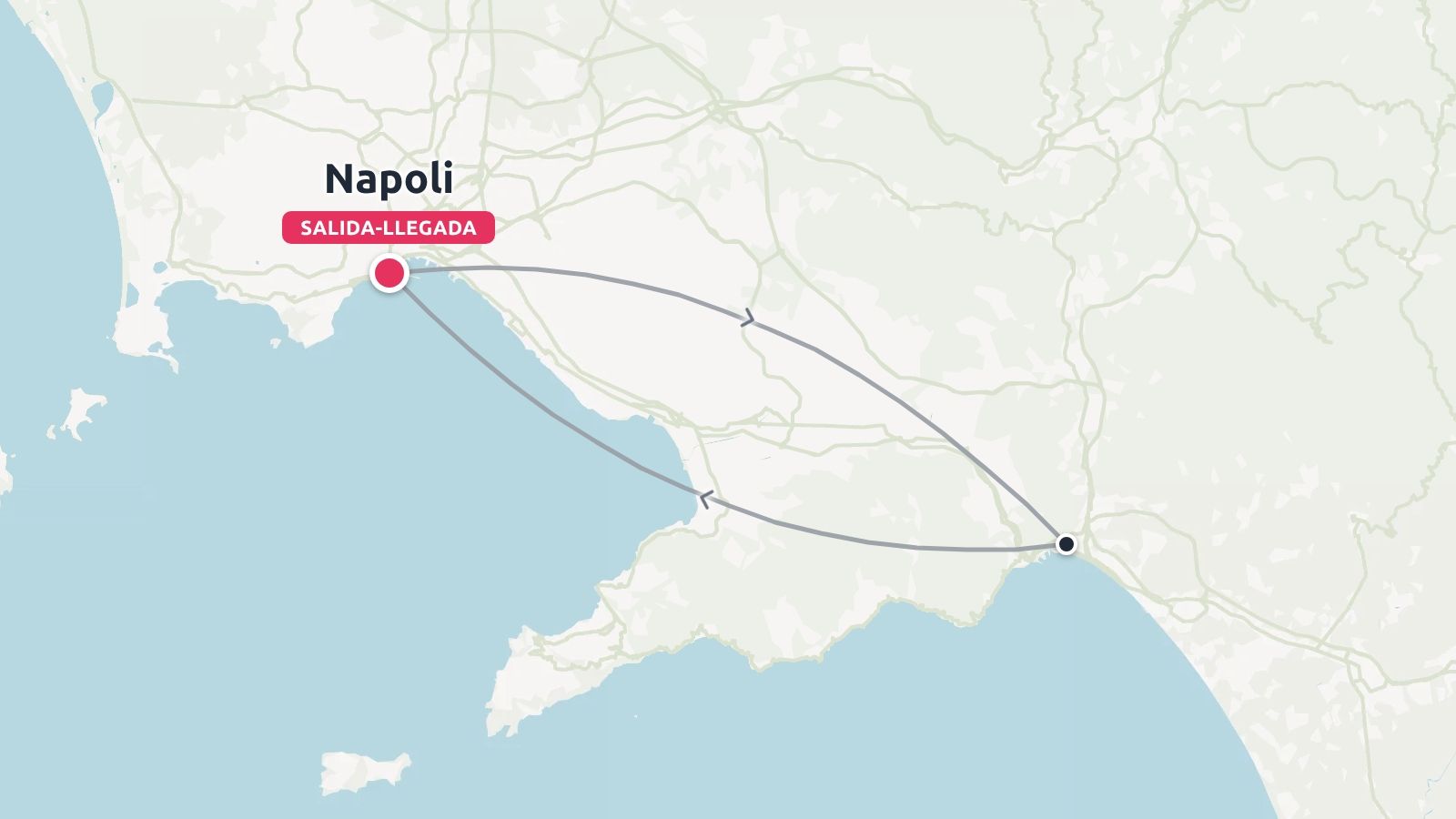 Un mapa de ruta de viaje que muestra un itinerario de ida y vuelta que empieza y termina en Nápoles.