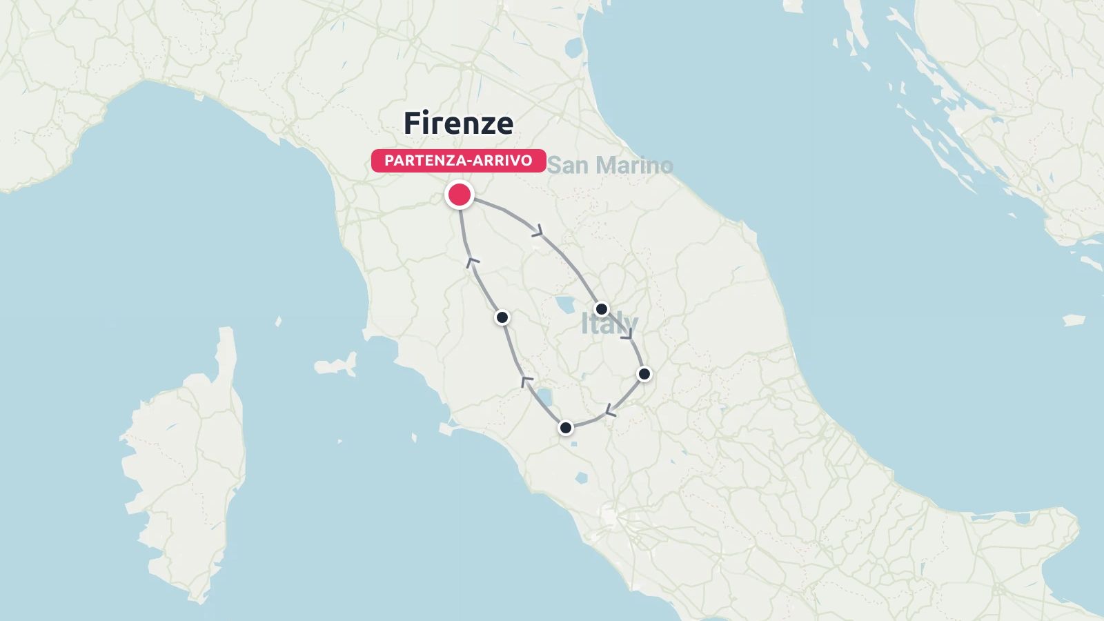 Una mappa di viaggio dell'Italia centrale che mostra un itinerario circolare con partenza e arrivo a Firenze.