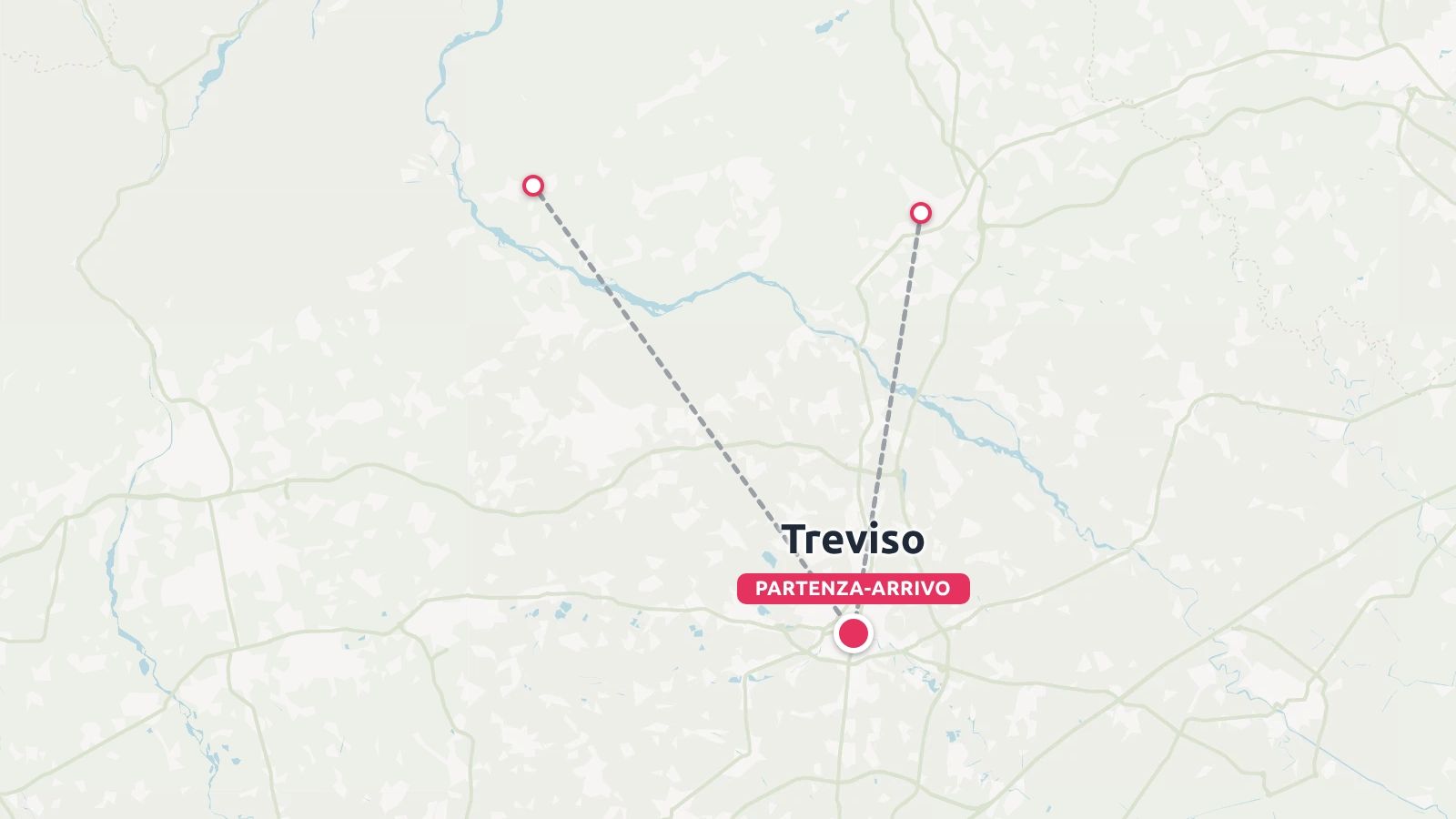 Una mappa dell'itinerario di viaggio che mostra la partenza e l'arrivo a Treviso con collegamenti verso i punti settentrionali.