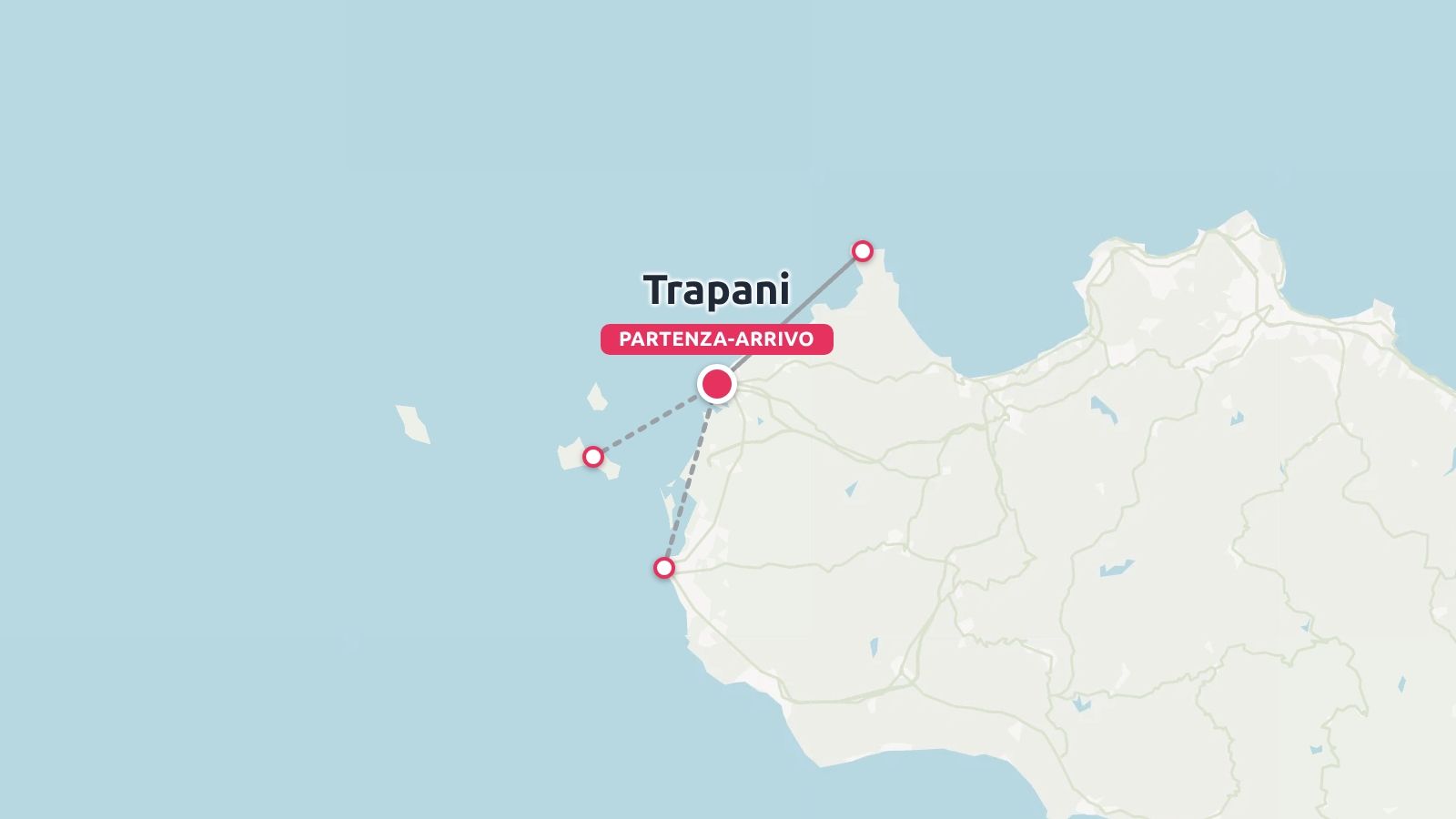 Una mappa di viaggio che mostra un itinerario costiero intorno a Trapani, nella Sicilia occidentale, con i pin di partenza e arrivo indicati.