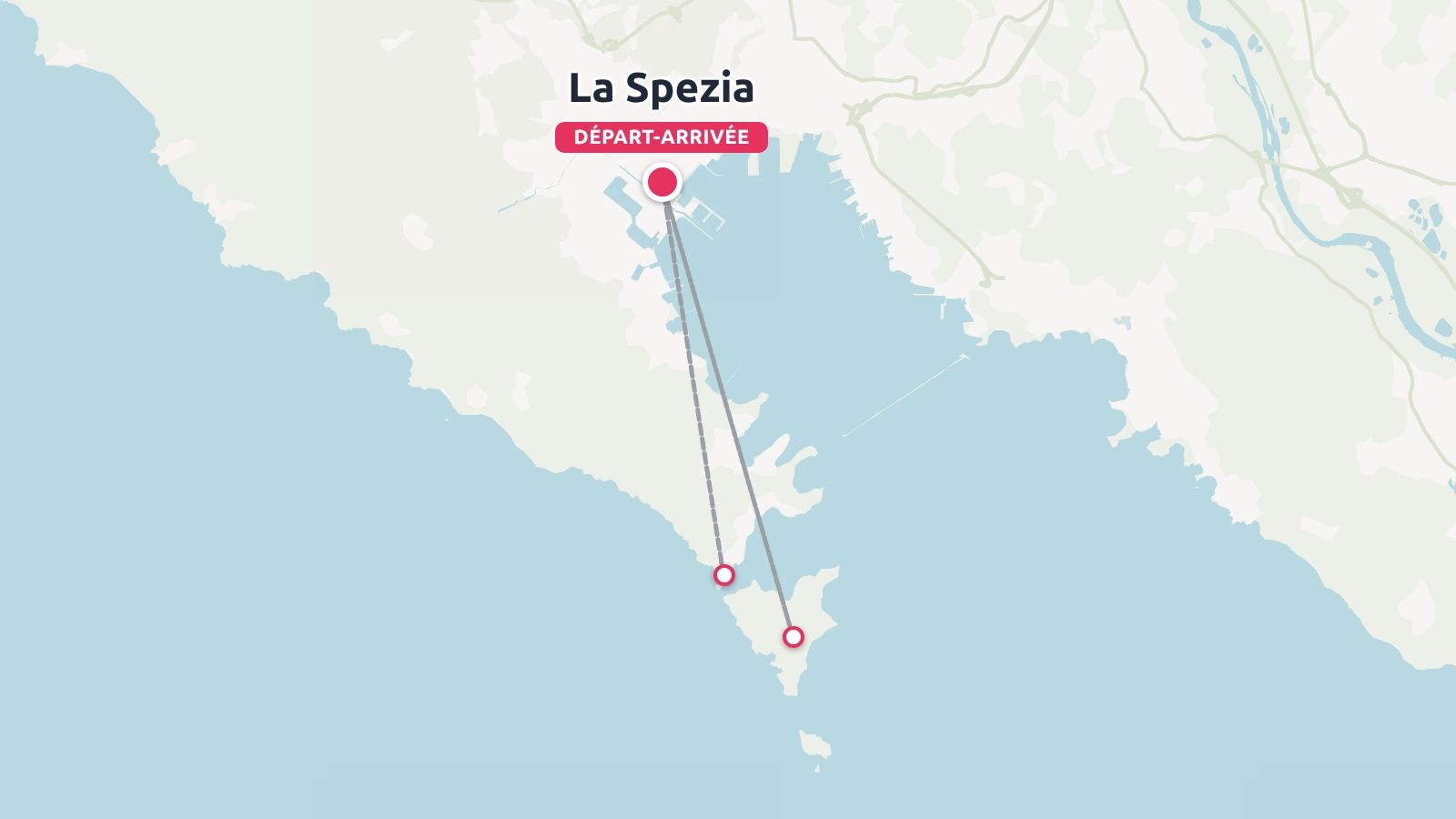 Un itinéraire de voyage marquant les points de départ et d'arrivée autour de La Spezia le long de la côte.