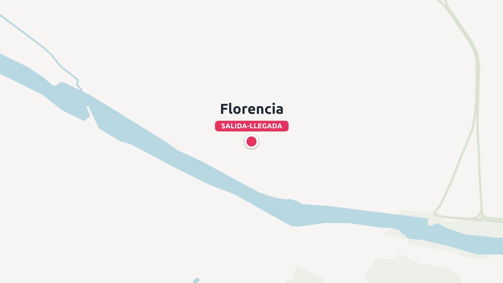 Un mapa minimalista que muestra Florencia marcada con un pin de ubicación rojo a lo largo de un río.