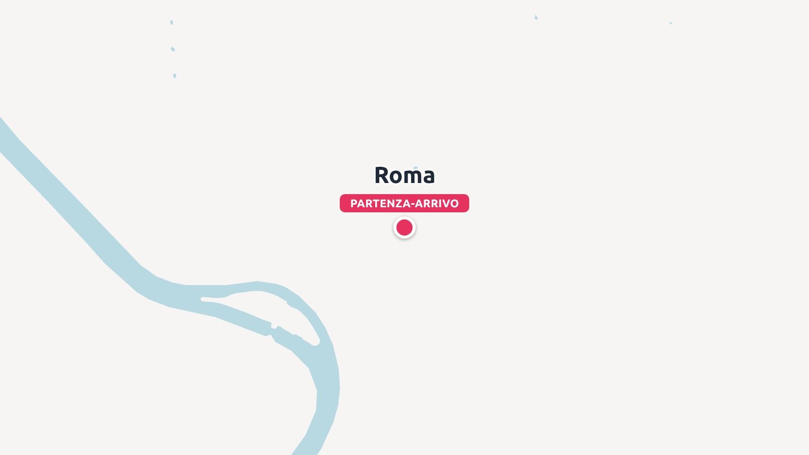 Mappa minimalista che mostra Roma contrassegnata da un segnaposto rosso di partenza e arrivo vicino al profilo di un fiume