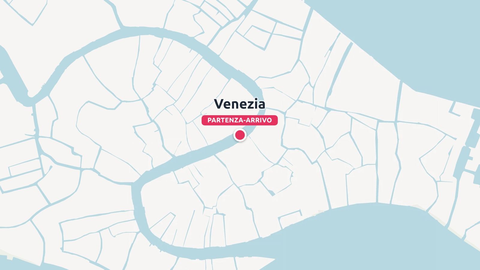 Una mappa grafica di Venezia che mostra i canali con un marcatore rosso etichettato partenza-arrivo