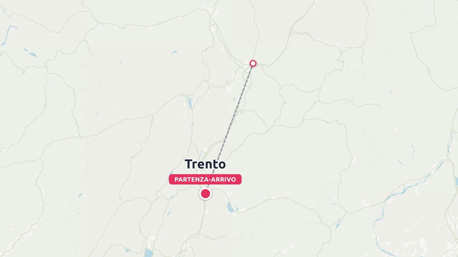 Una mappa di itinerario di viaggio che mostra Trento come punto di partenza e arrivo con un percorso tratteggiato che porta a nord-est