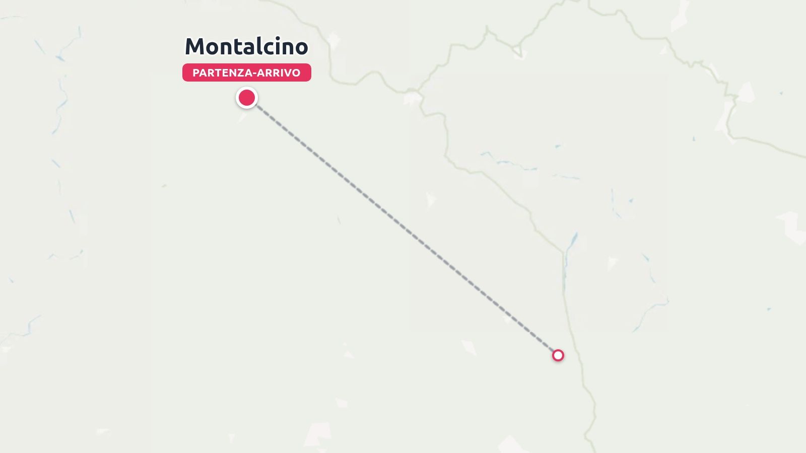 Una mappa che mostra una linea di itinerario di viaggio che inizia e finisce a Montalcino.