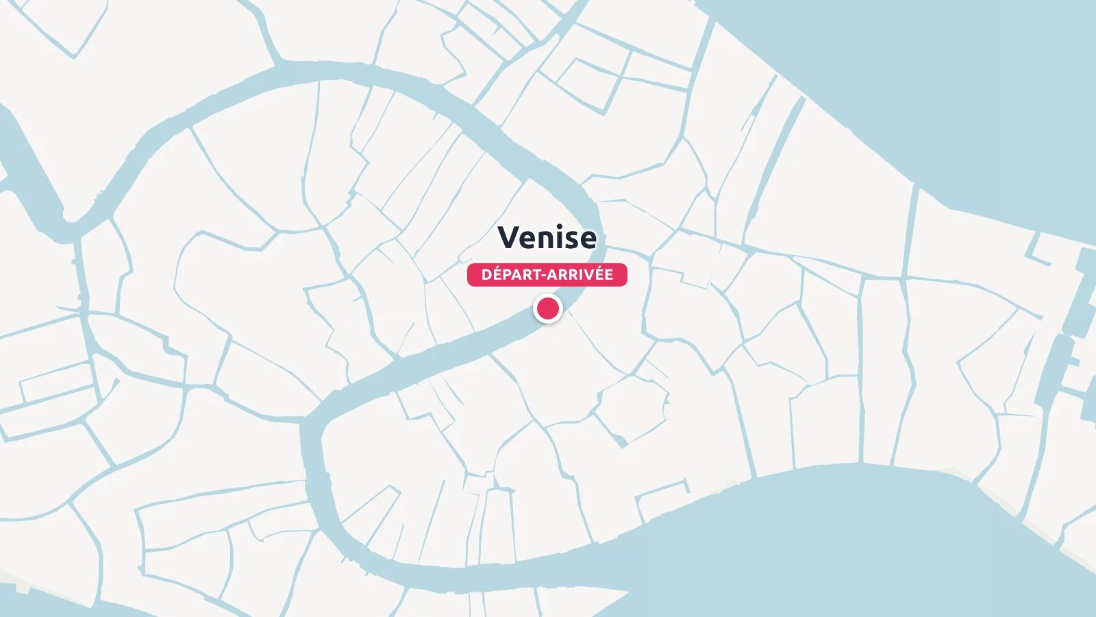 Une carte de Venise indiquant les voies navigables avec un marqueur rouge de départ et d'arrivée le long du Grand Canal