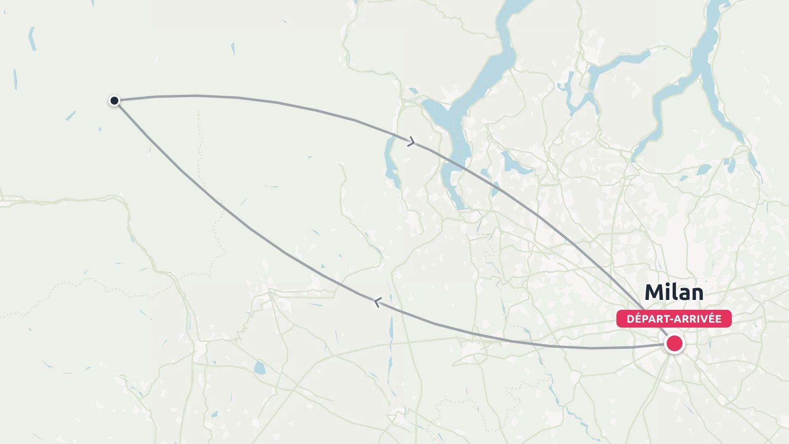 Carte de voyage montrant un itinéraire aller-retour avec des flèches au départ et à l'arrivée à Milan.