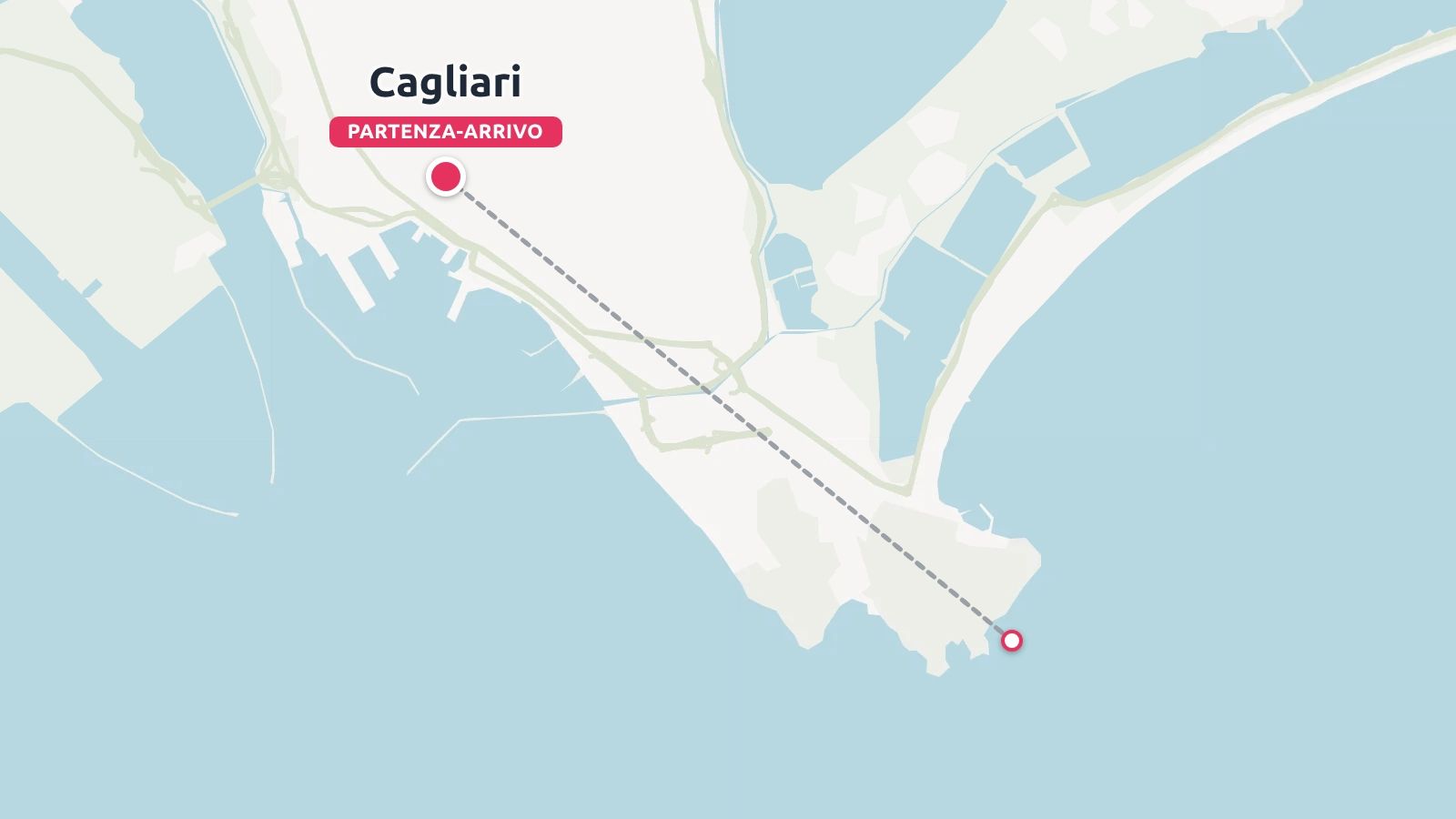 Una mappa dell'itinerario di viaggio che mostra un percorso tratteggiato con inizio e fine a Cagliari, estendendosi fino alla costa meridionale.