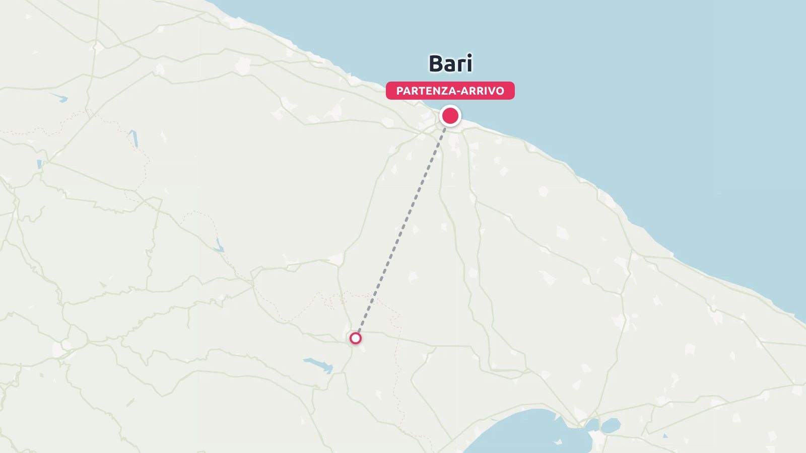 Una mappa di un itinerario di viaggio che mostra un percorso tratteggiato che collega Bari, indicata come partenza e arrivo, a una destinazione nell'entroterra.
