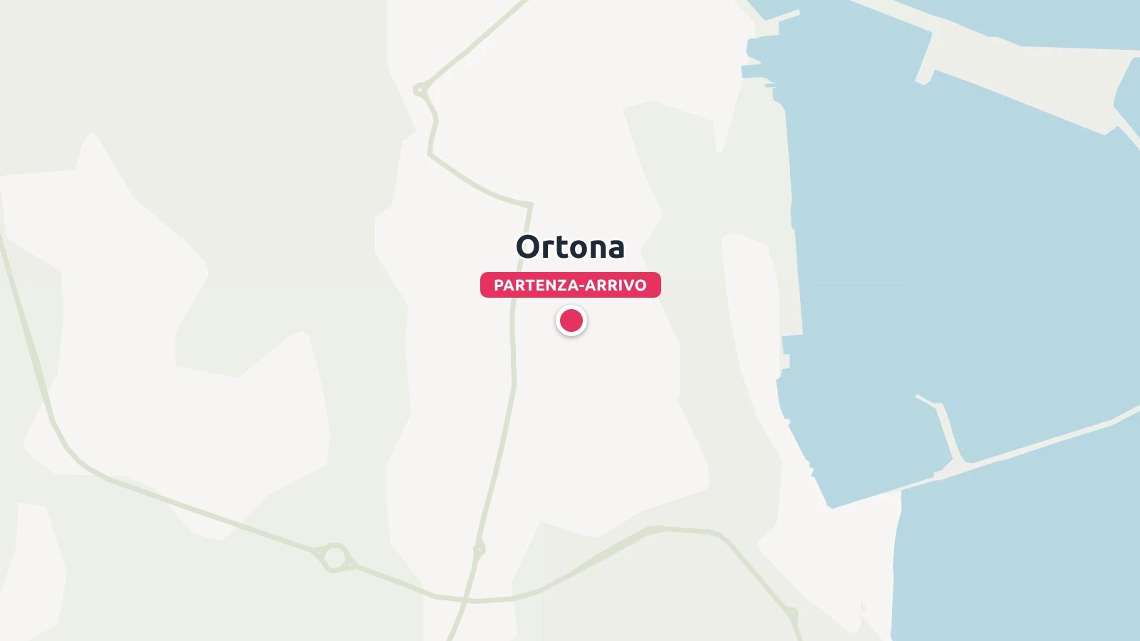 Mappa che evidenzia Ortona con un marcatore rosso etichettato partenza-arrivo vicino alla costa.