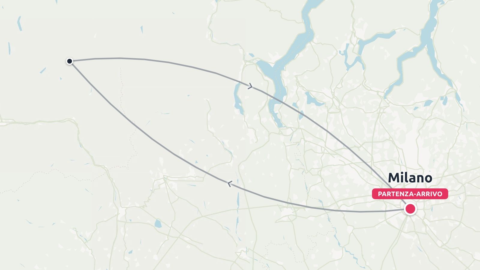 Mappa di viaggio che mostra un percorso di andata e ritorno con partenza e arrivo a Milano e un anello che si estende verso il nord-ovest