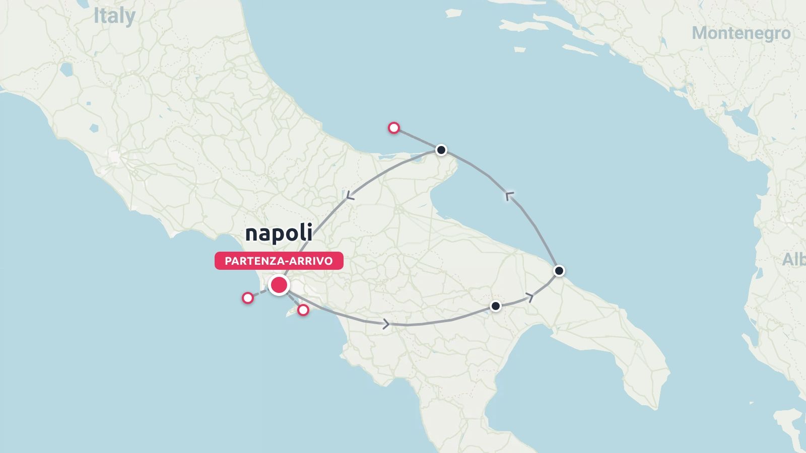 Mappa dell'itinerario di viaggio nel sud Italia che mostra un percorso circolare con partenza e arrivo a Napoli