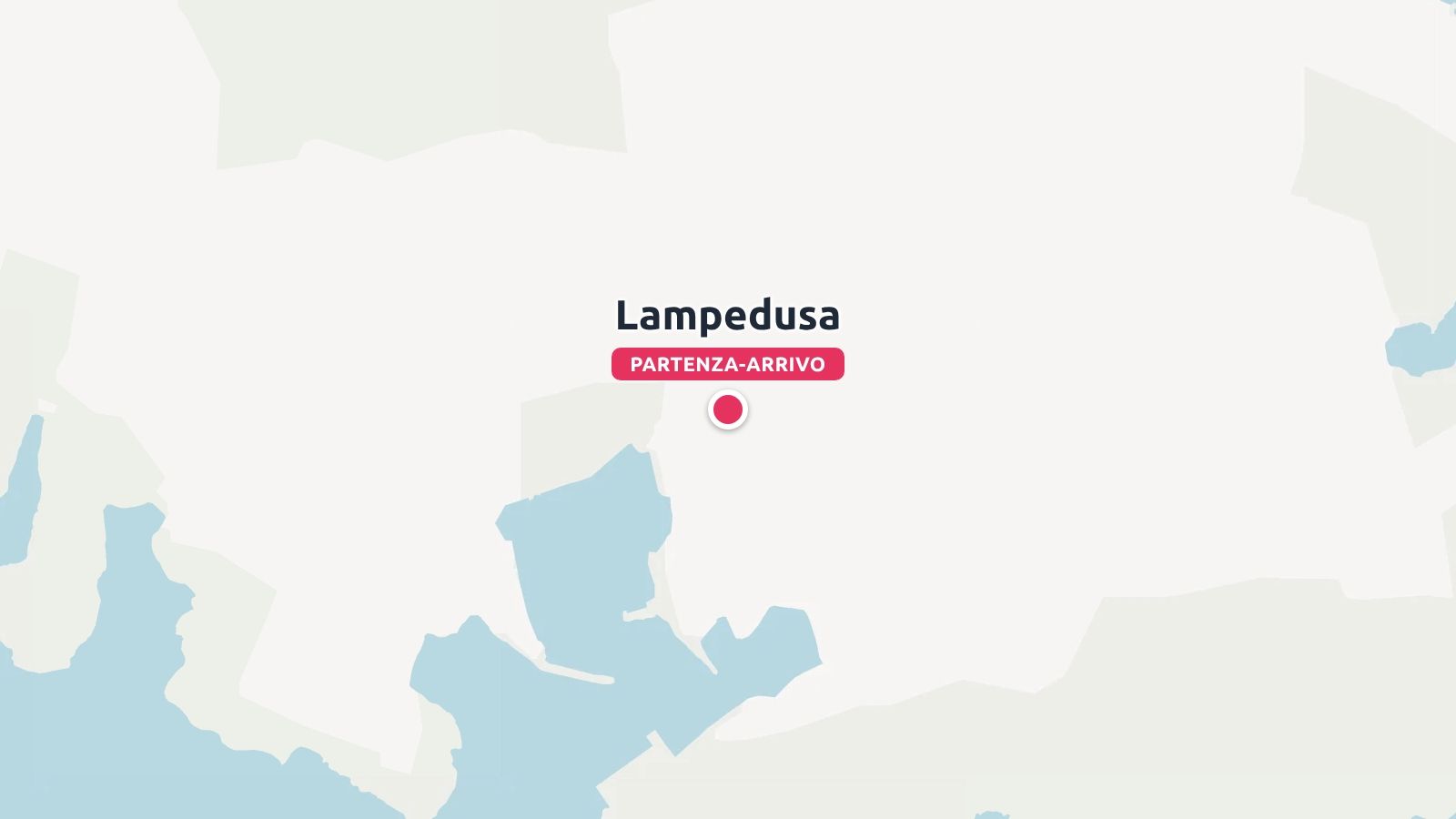 Una grafica di una mappa di viaggio che evidenzia Lampedusa segnata come punto di partenza e di arrivo con un pin rosso.