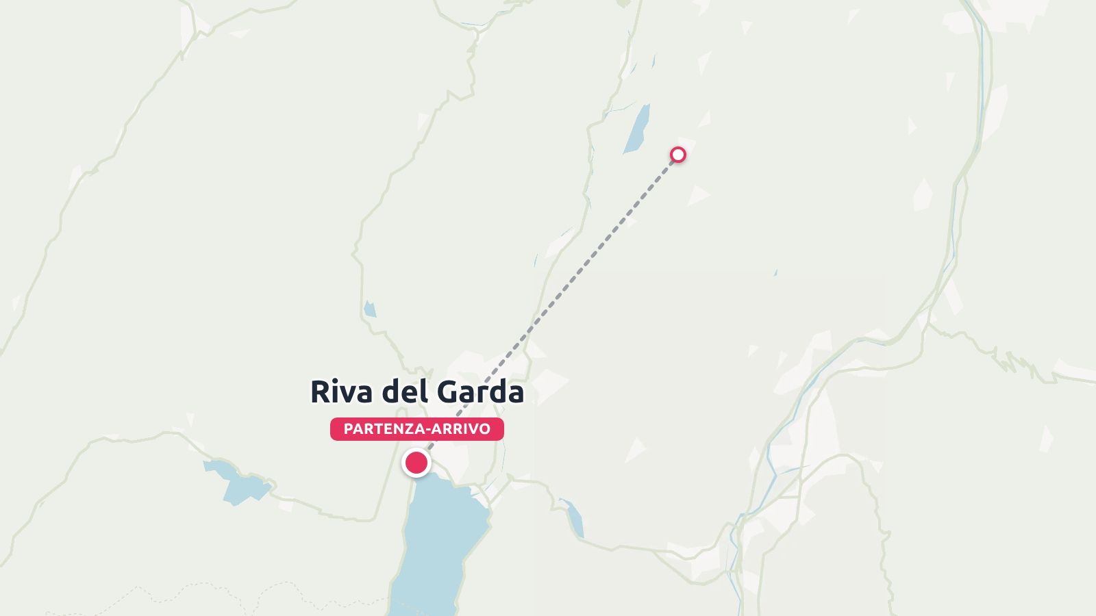 Una mappa che mostra una linea tratteggiata di percorso di viaggio con partenza e arrivo a Riva del Garda vicino al Lago di Garda
