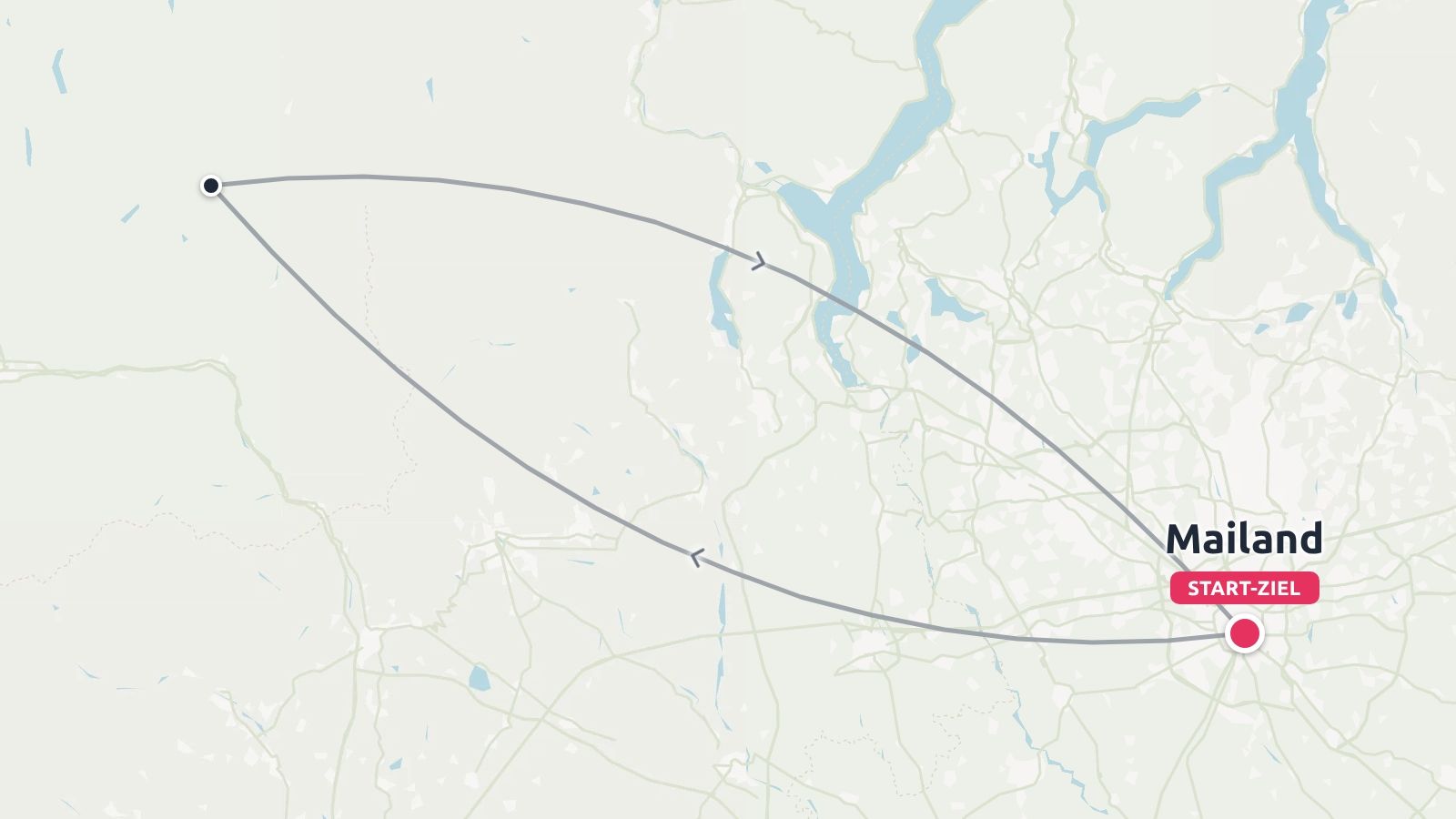 Eine Reiseroute, die eine Rundreise mit Start und Ziel in Mailand zeigt.