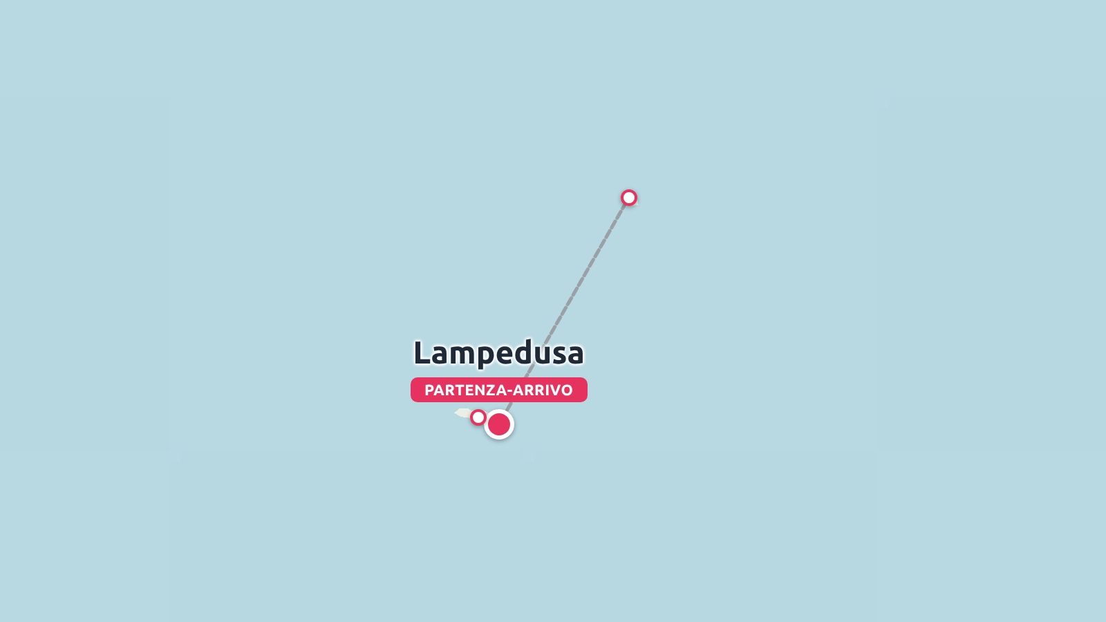 Grafica di una mappa di viaggio con una linea di percorso che indica Lampedusa come partenza e arrivo su sfondo azzurro.