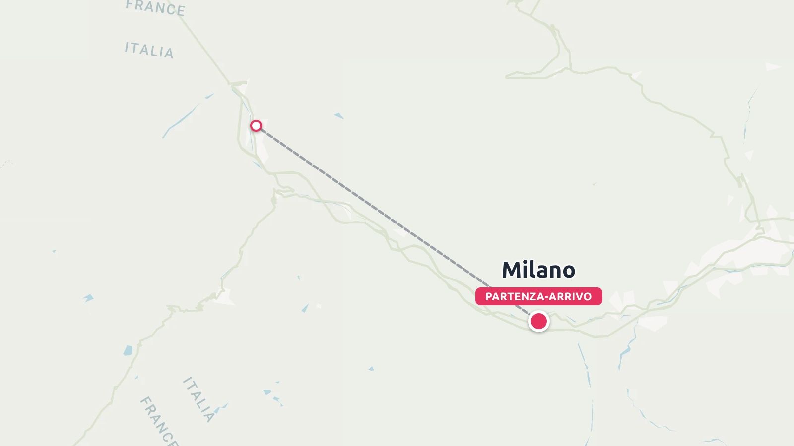 Una mappa di viaggio che mostra un itinerario tra Milano, Italia, e la zona di confine con la Francia.