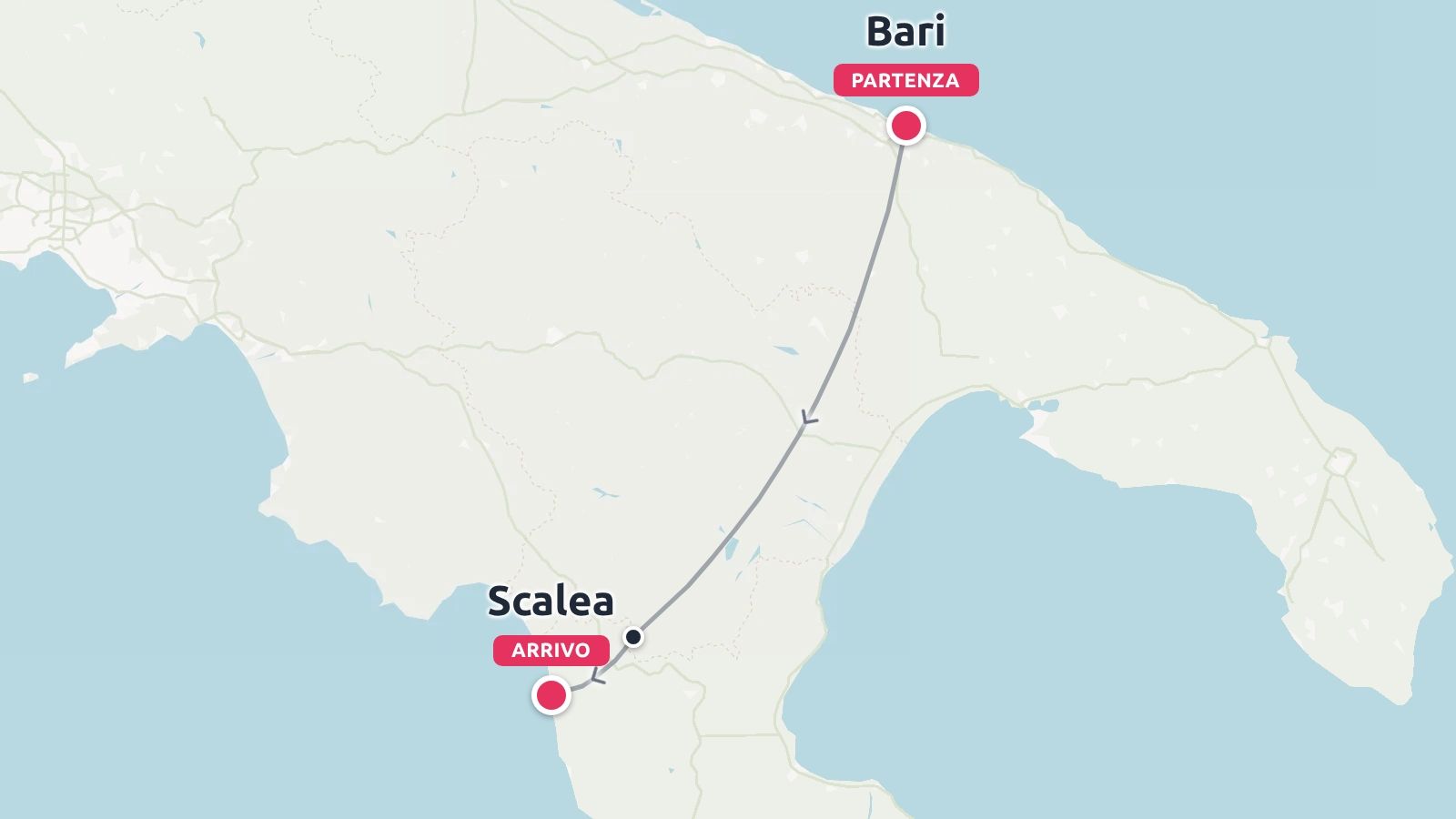 Mappa dell'itinerario di viaggio nel sud Italia che mostra un viaggio che inizia a Bari e termina a Scalea.