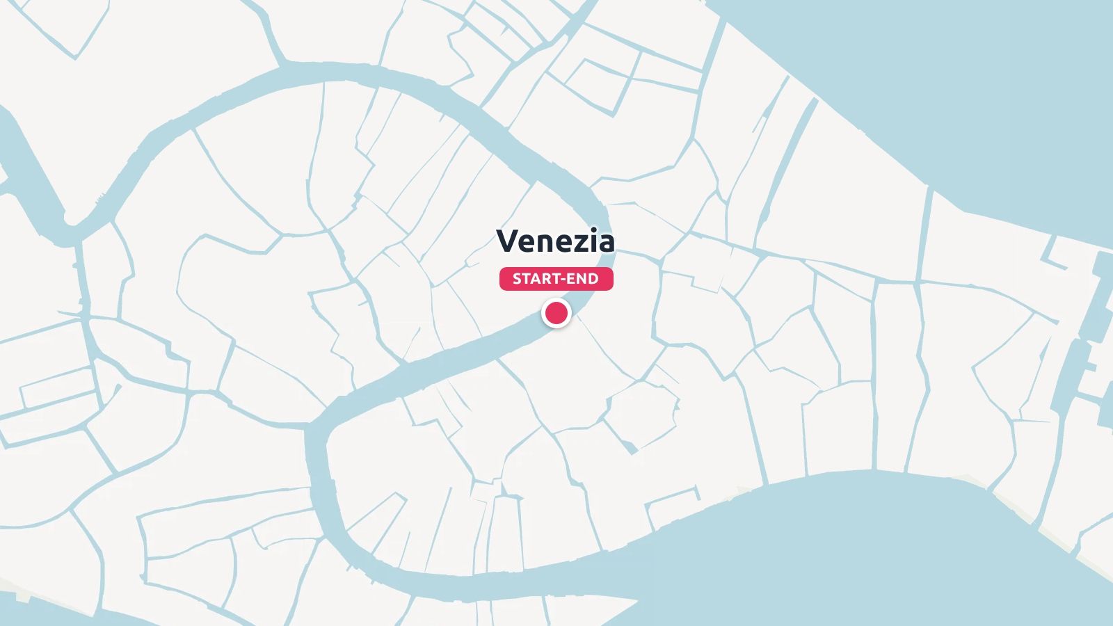 A map of Venezia showing waterways and canals with a red pin indicating the start and end point.