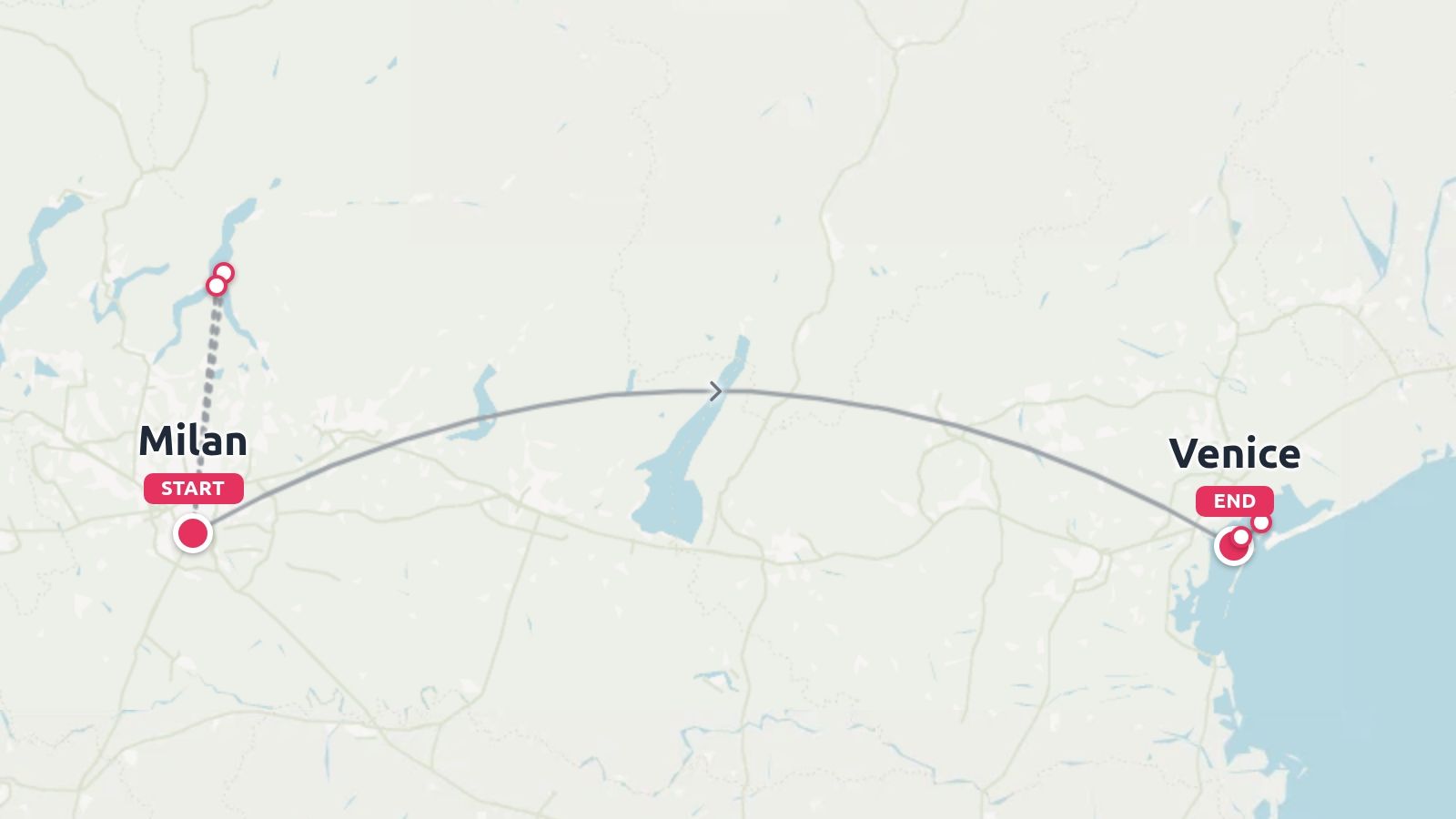 A travel route map showing an itinerary starting in Milan and ending in Venice.