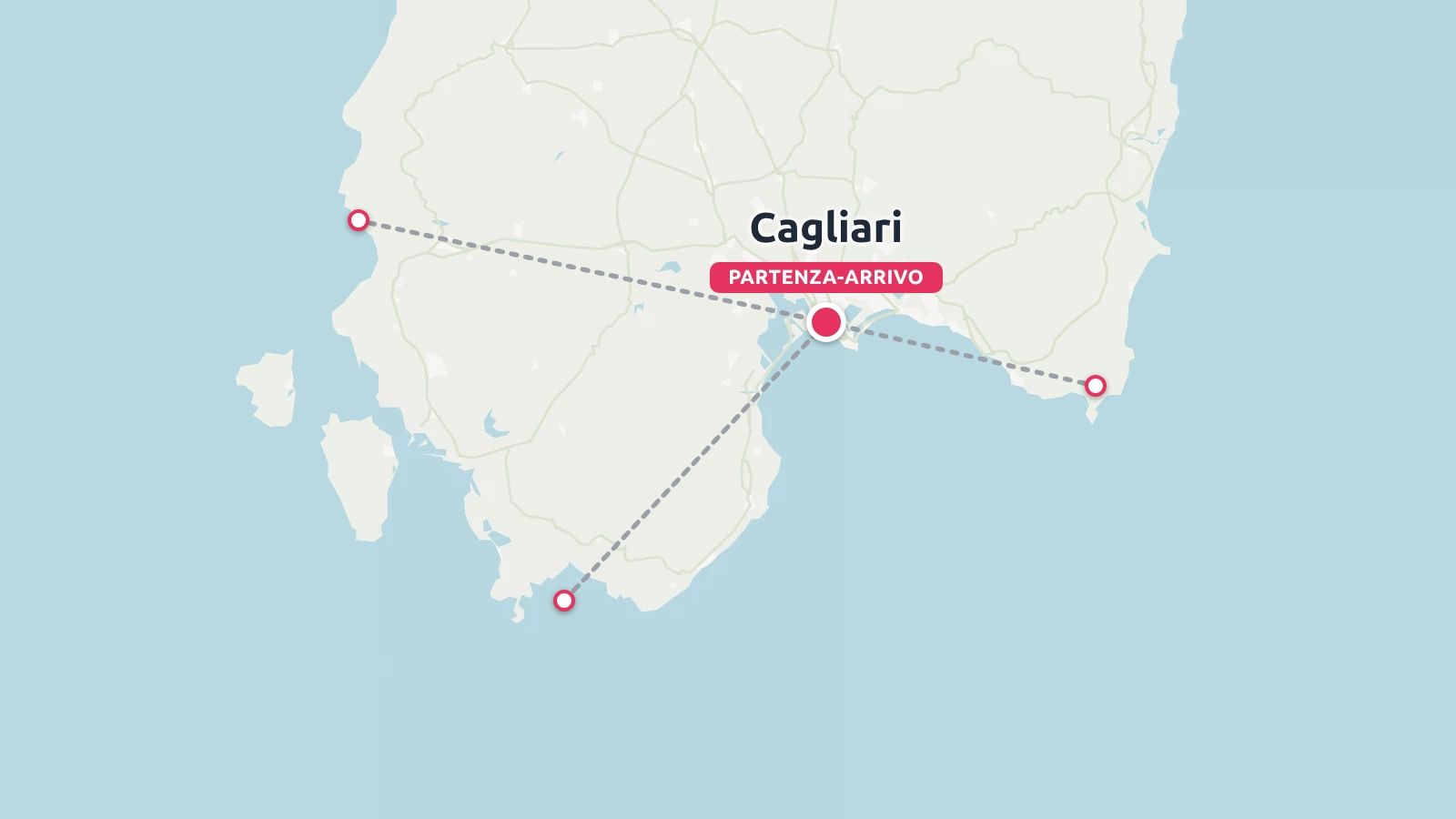 Mappa dell'itinerario di viaggio della Sardegna meridionale con centro a Cagliari, che segna i punti di partenza e arrivo lungo la costa.