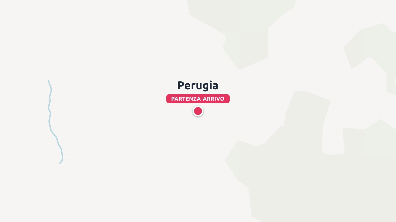 Una mappa minimalista che evidenzia Perugia contrassegnata come punto di partenza e arrivo con una spilla rossa