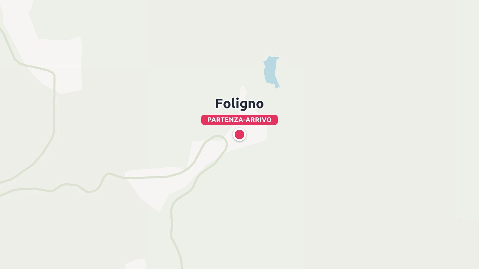 Una mappa minimalista che mostra Foligno contrassegnata con un segnaposto rosso per la partenza e l'arrivo