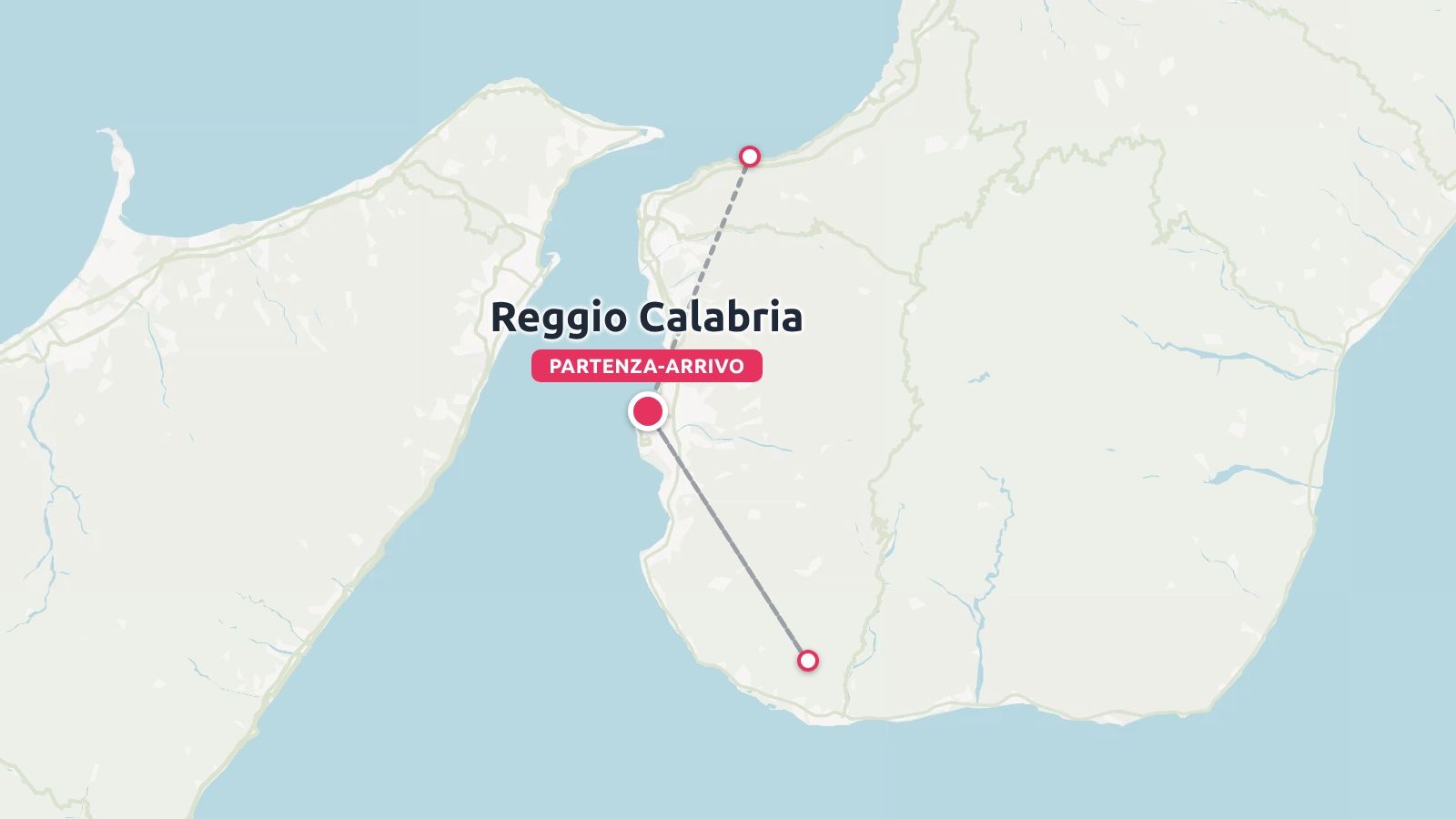 Mappa di viaggio che mostra un itinerario nel Sud Italia con partenza e arrivo a Reggio Calabria contrassegnato da spille rosse