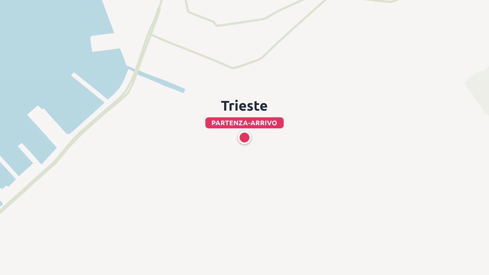Una mappa di viaggio che mostra Trieste contrassegnata da un pin rosa che indica la partenza e l'arrivo.